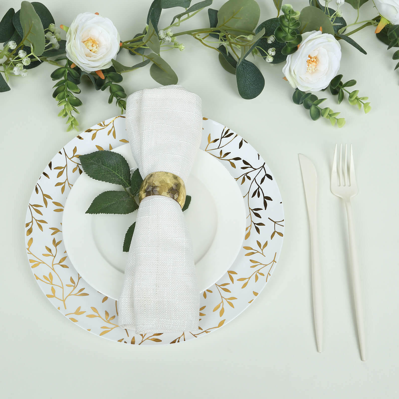 10-Pack Heavy Duty Disposable White Plastic Dinner Plates with Gold Leaf Design - Ideal for Stylish Events
