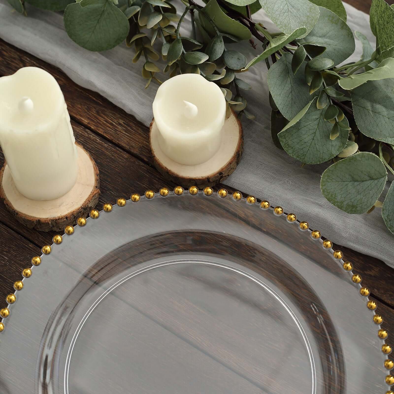 Get 10-Pack of Disposable Round Clear Plastic Dinner Plates with Gold Beaded Rim for Parties