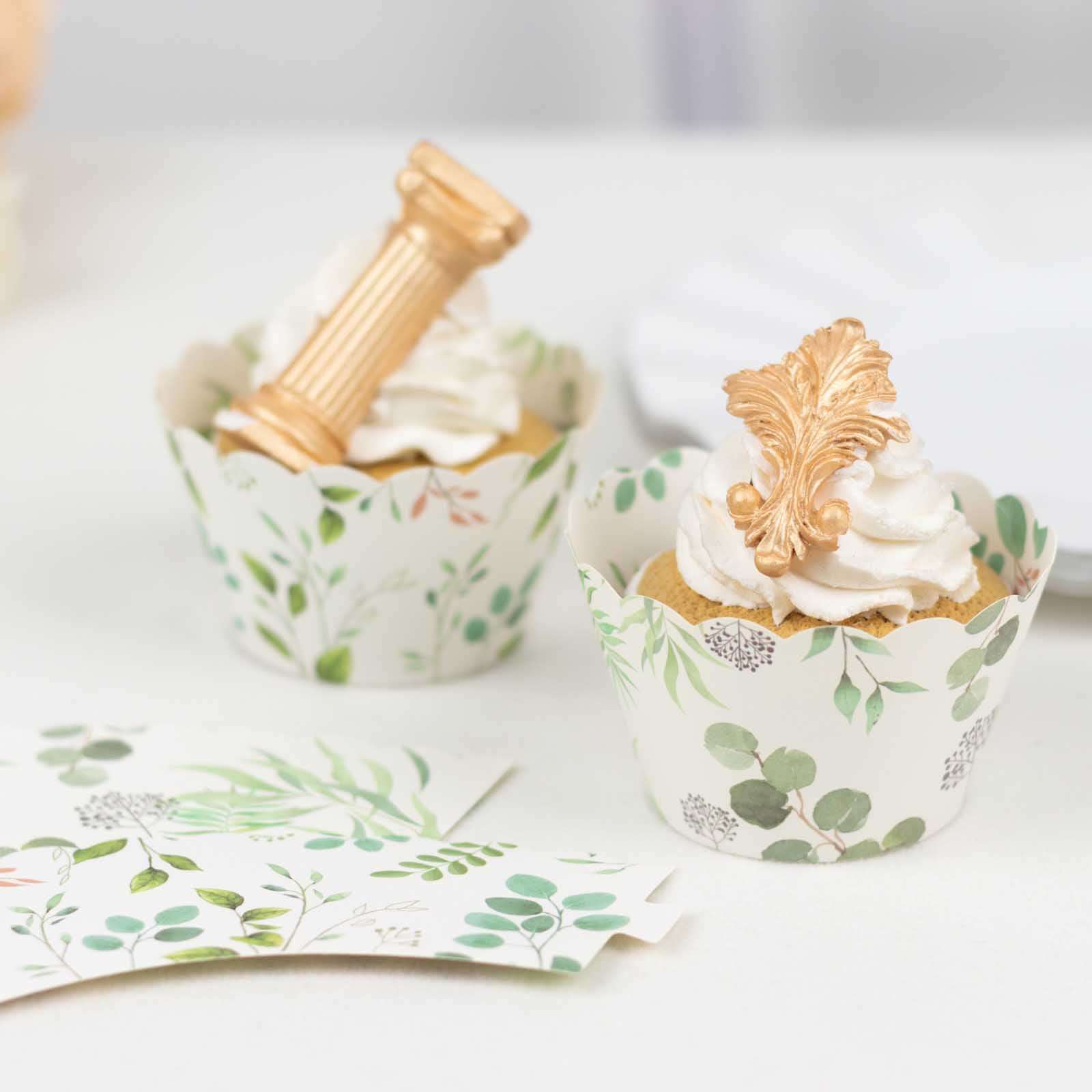 25-Piece Premium Paper Cupcake Wrappers with Eucalyptus Leaves Print in White and Green