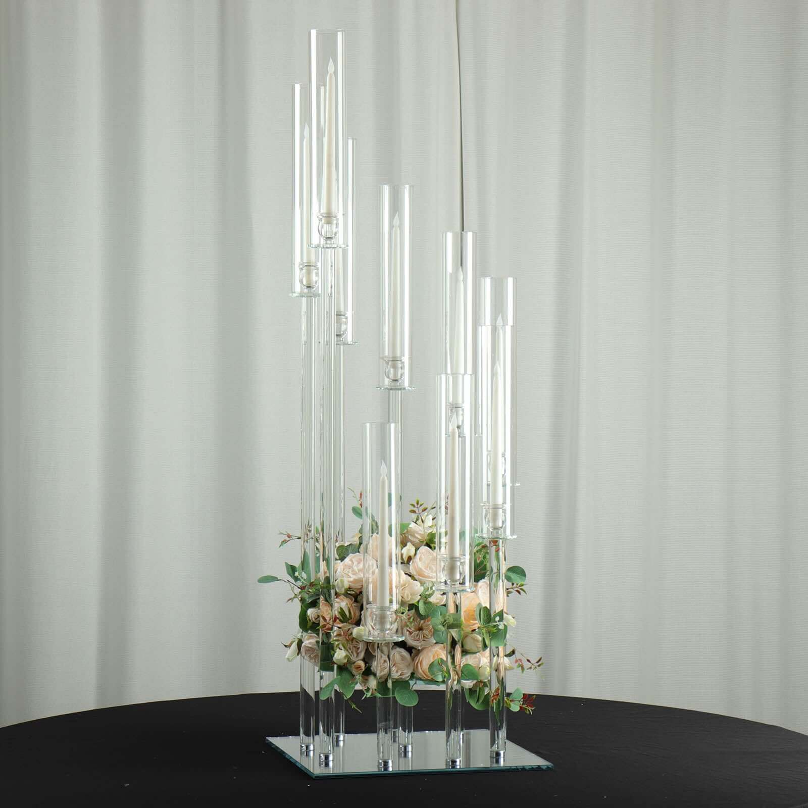 4ft Crystal Glass 9-Pillar Candelabra with Center Flower Stand - Ideal Table Centerpiece