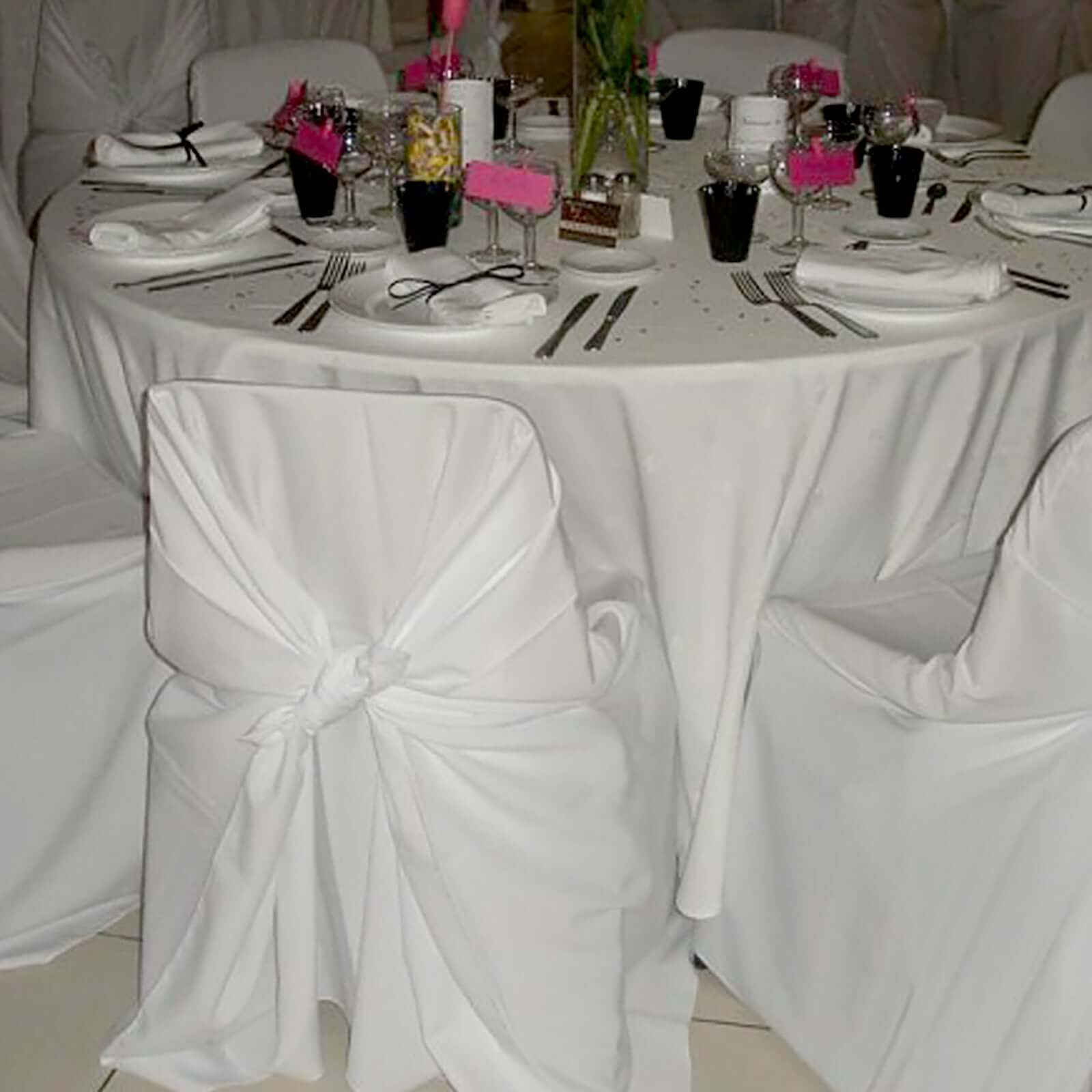 White Polyester Self-Tie Chair Cover - Universal Slip-On for Folding, Dining & Banquet Chairs