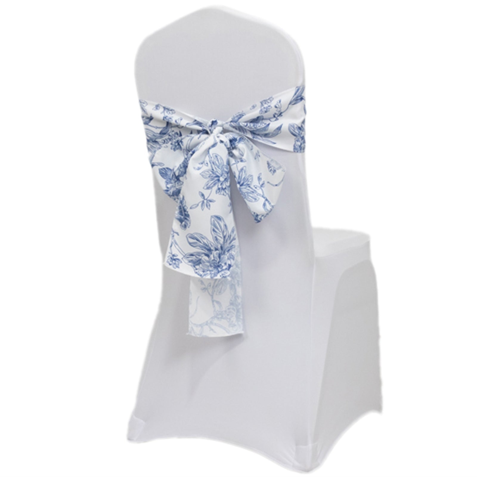 Wrinkle-Resistant Polyester Chair Sashes in White/Blue French Toile Floral Design for Weddings & Banquets