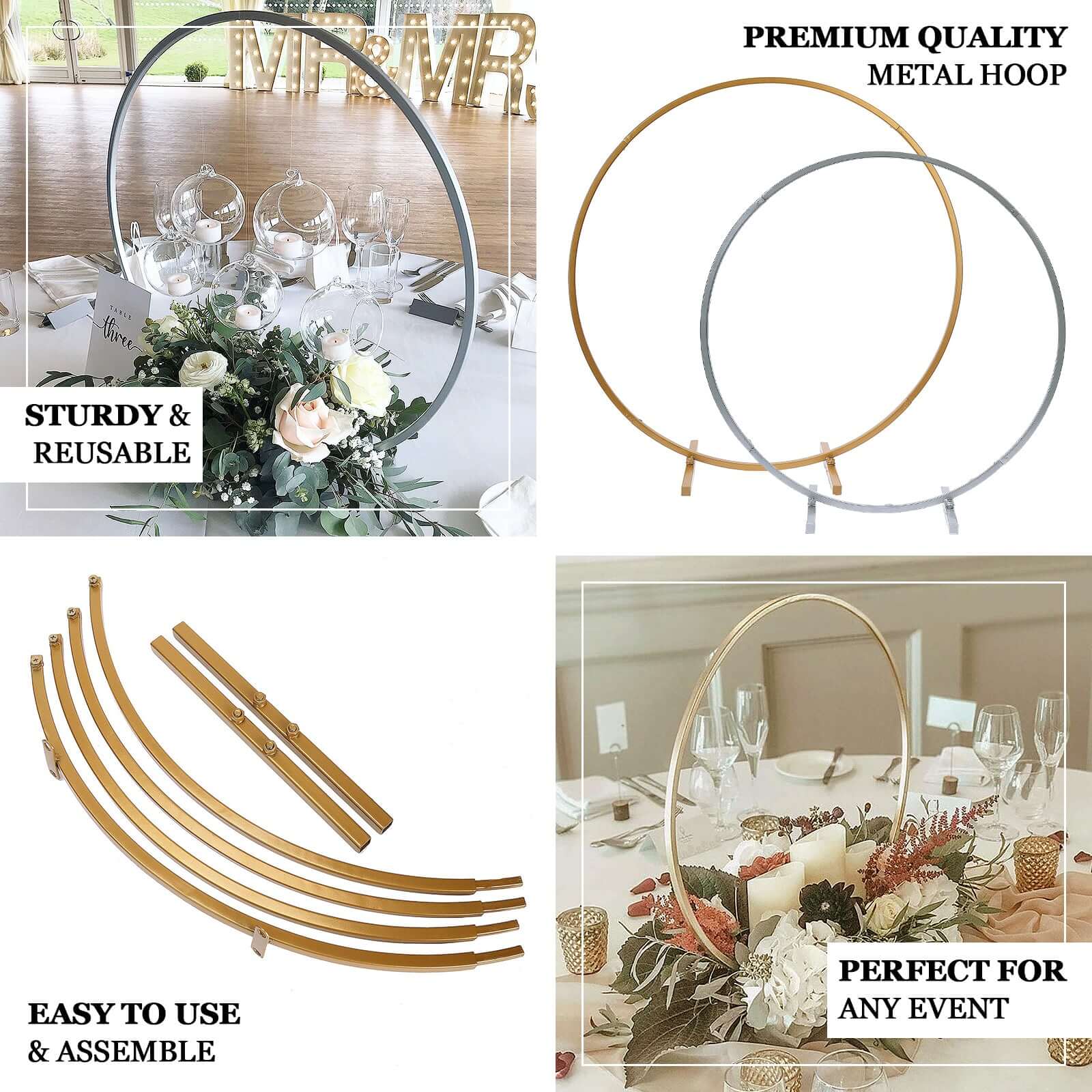 32-Inch Gold Metal Round Hoop Wedding Centerpiece - Self Standing Floral Wreath Frame for Table Decoration