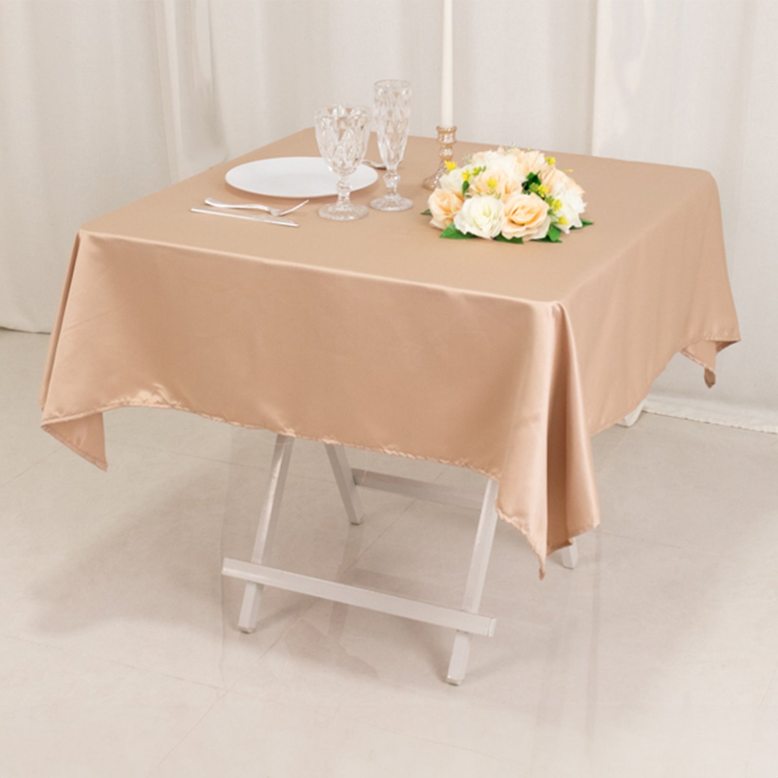 Nude Lamour Satin 54x54 Square Table Overlay - Durable, Silk-Like Table Cover