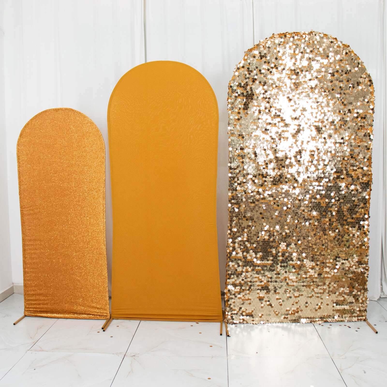 3-Piece Gold Round Top Wedding Arch Frame Covers in Sequin, Tinsel & Spandex