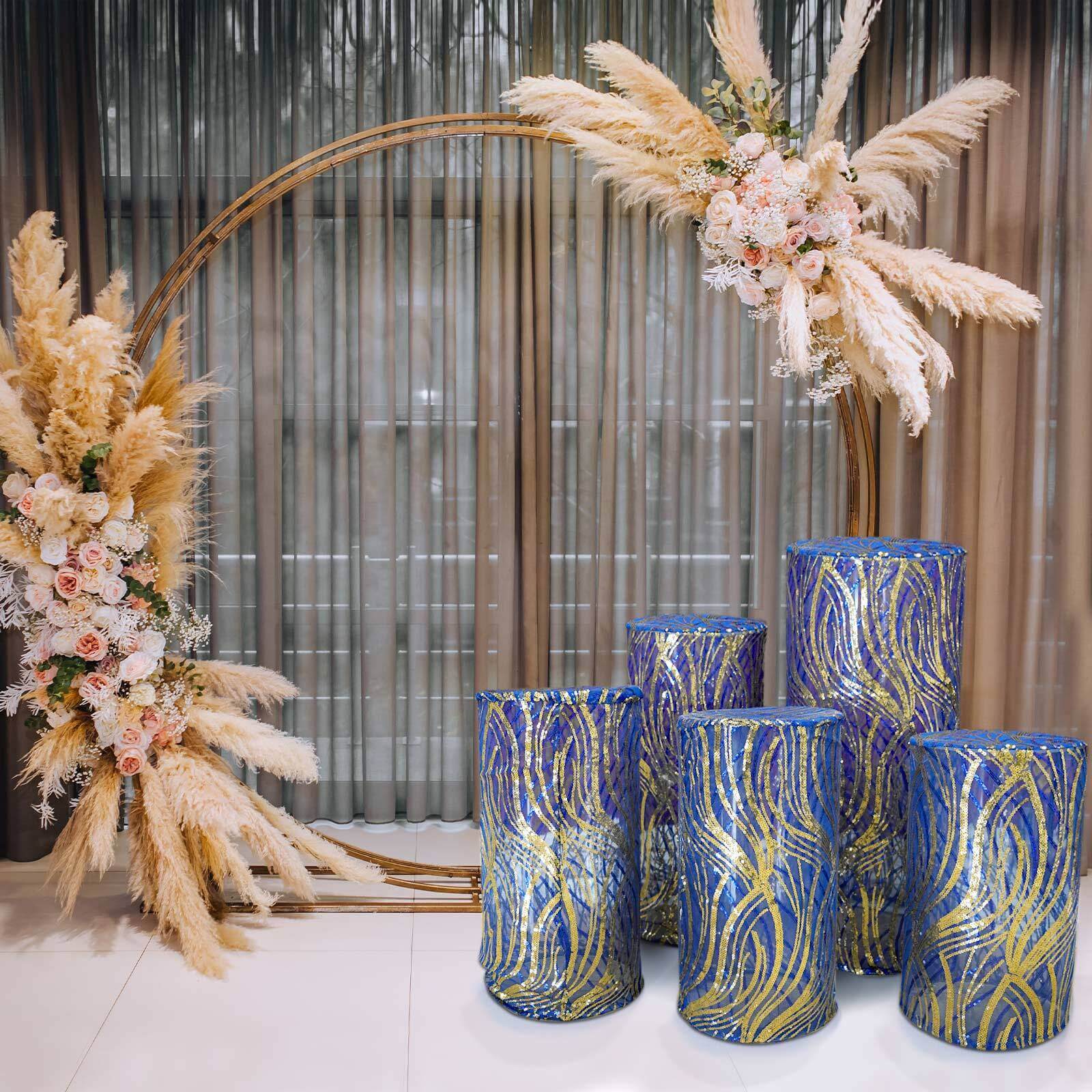 Hot Sale! Set of 5 Royal Blue Sequin Mesh Cylinder Pedestal Stand Covers with Wave Pattern