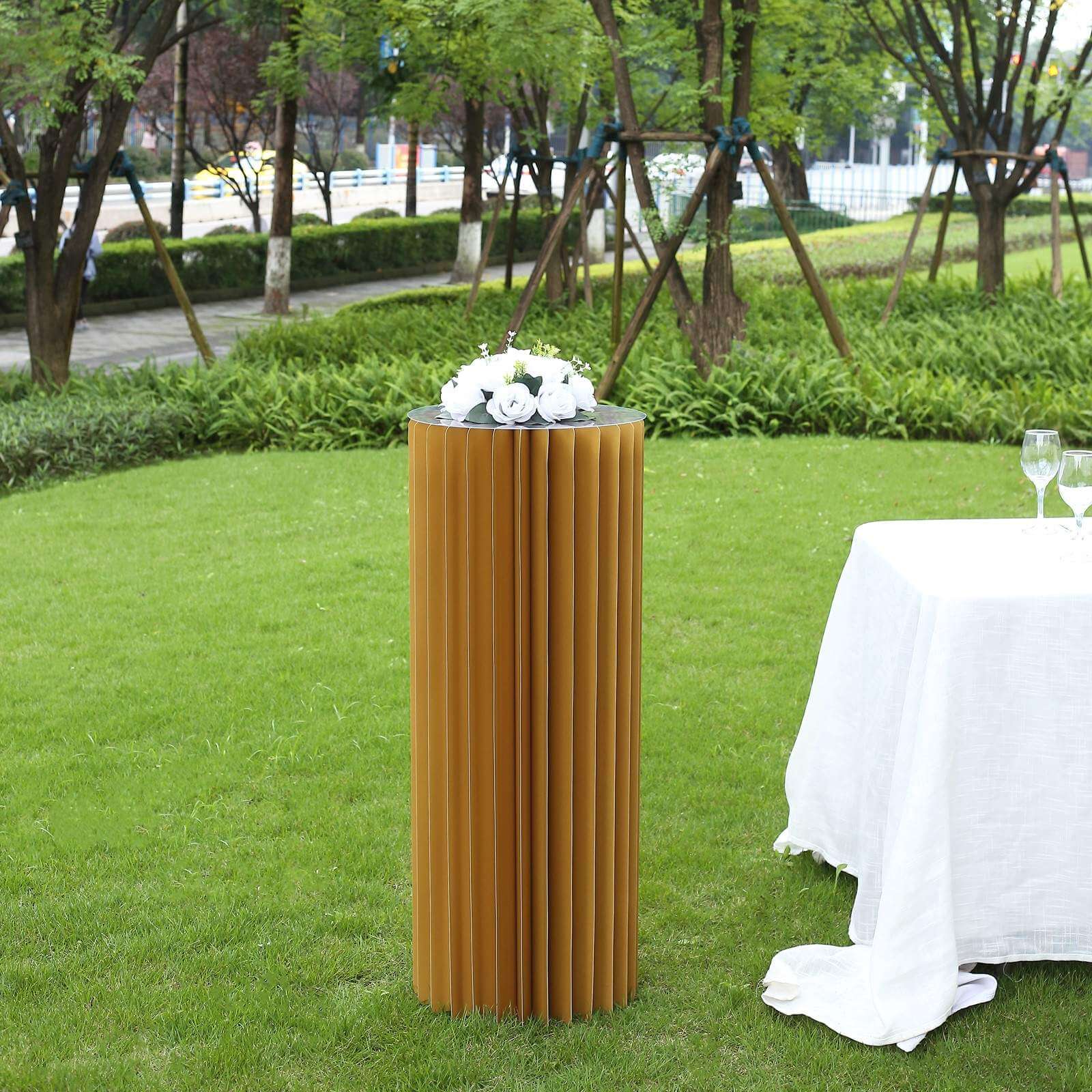 Premium 40 Gold Accordion Cylinder Display Stand with PVC Top Plate
