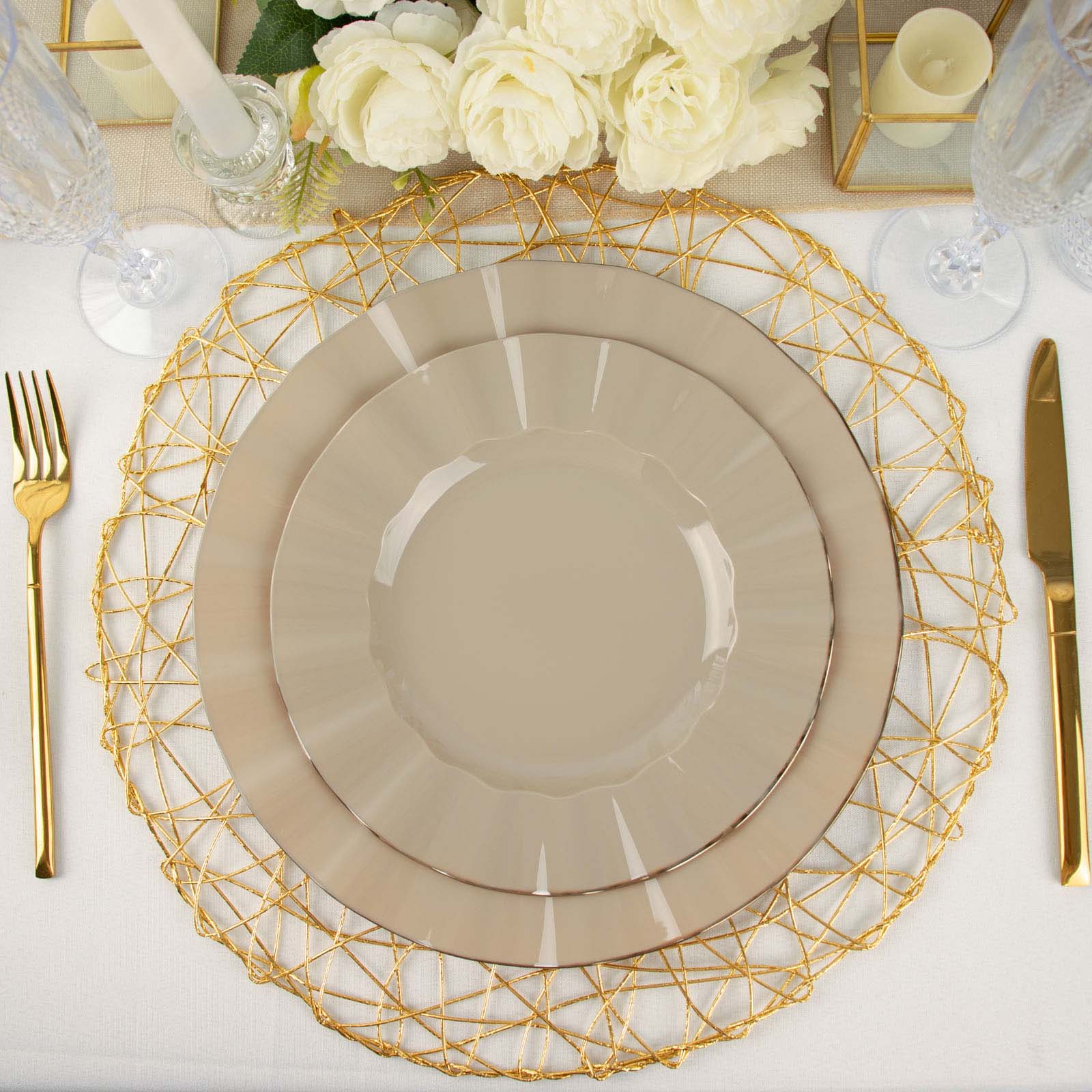 Hot Deal! 10-Pack 9" Taupe Plastic Round Dinner Plates with Gold Ruffled Edges - Sturdy Disposable