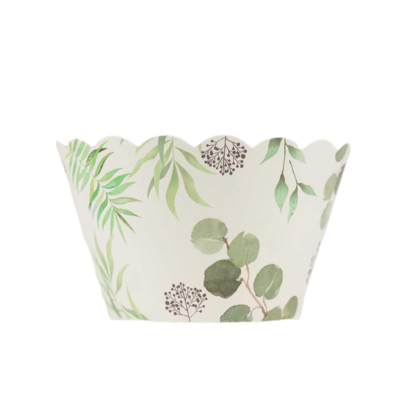 25-Piece Premium Paper Cupcake Wrappers with Eucalyptus Leaves Print in White and Green
