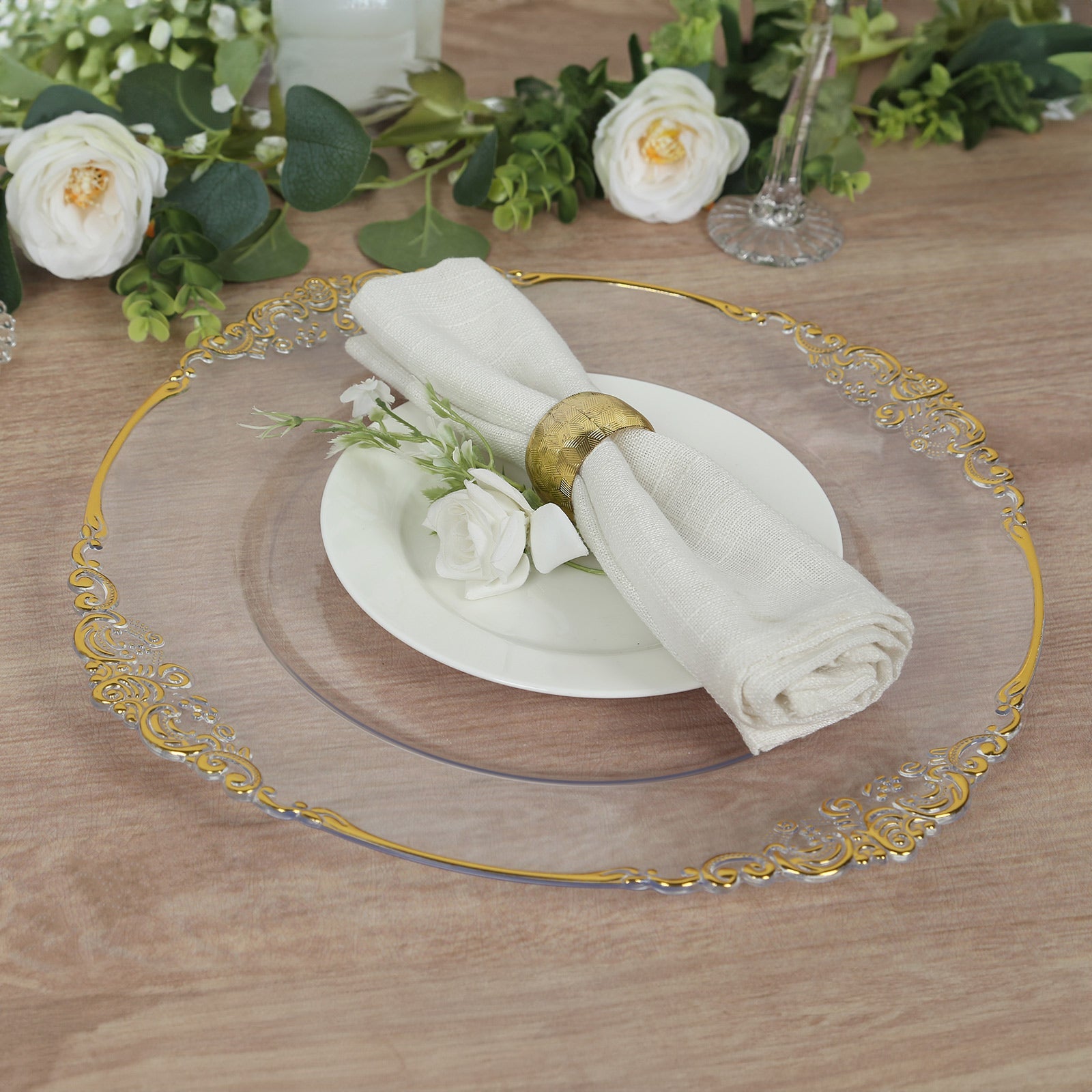 20-Pack Clear Plastic Round Charger Plates with Gold Embossed Baroque Rim - Ideal for Dinner Parties