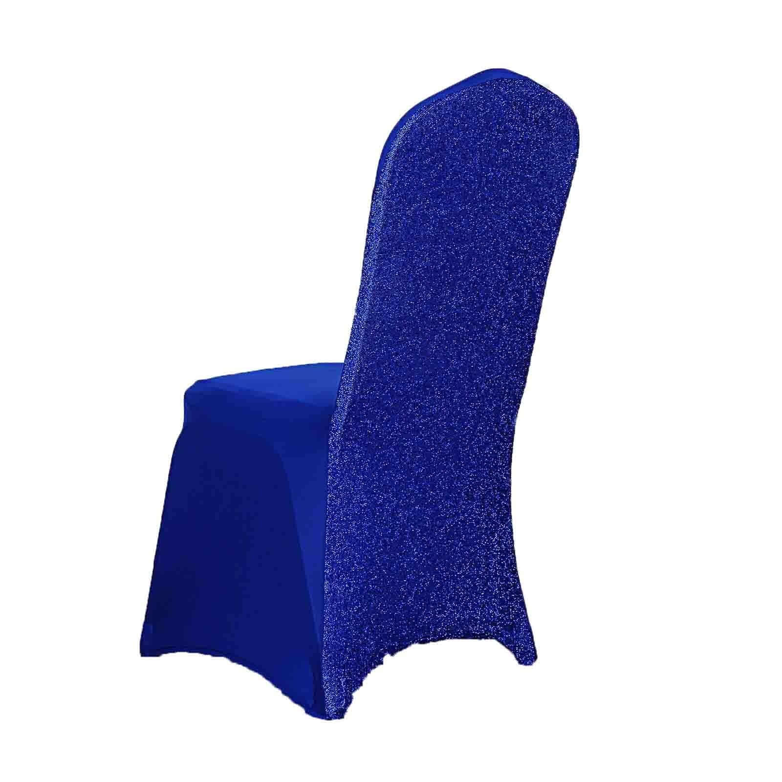 Fitted Royal Blue Spandex Chair Cover with Metallic Shimmer Tinsel Back for Banquets