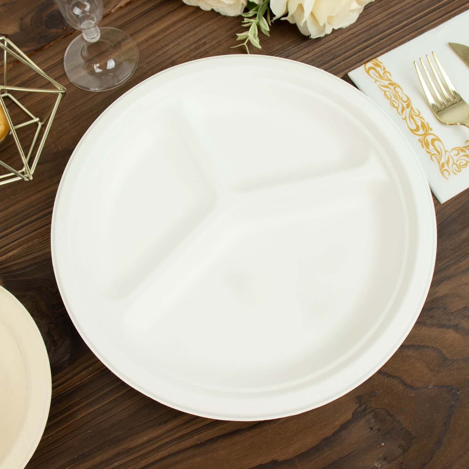Eco-Friendly 50-Pack White Round 10-Inch 3-Compartment Dinner Plates from Bagasse - Ideal for Events & Catering