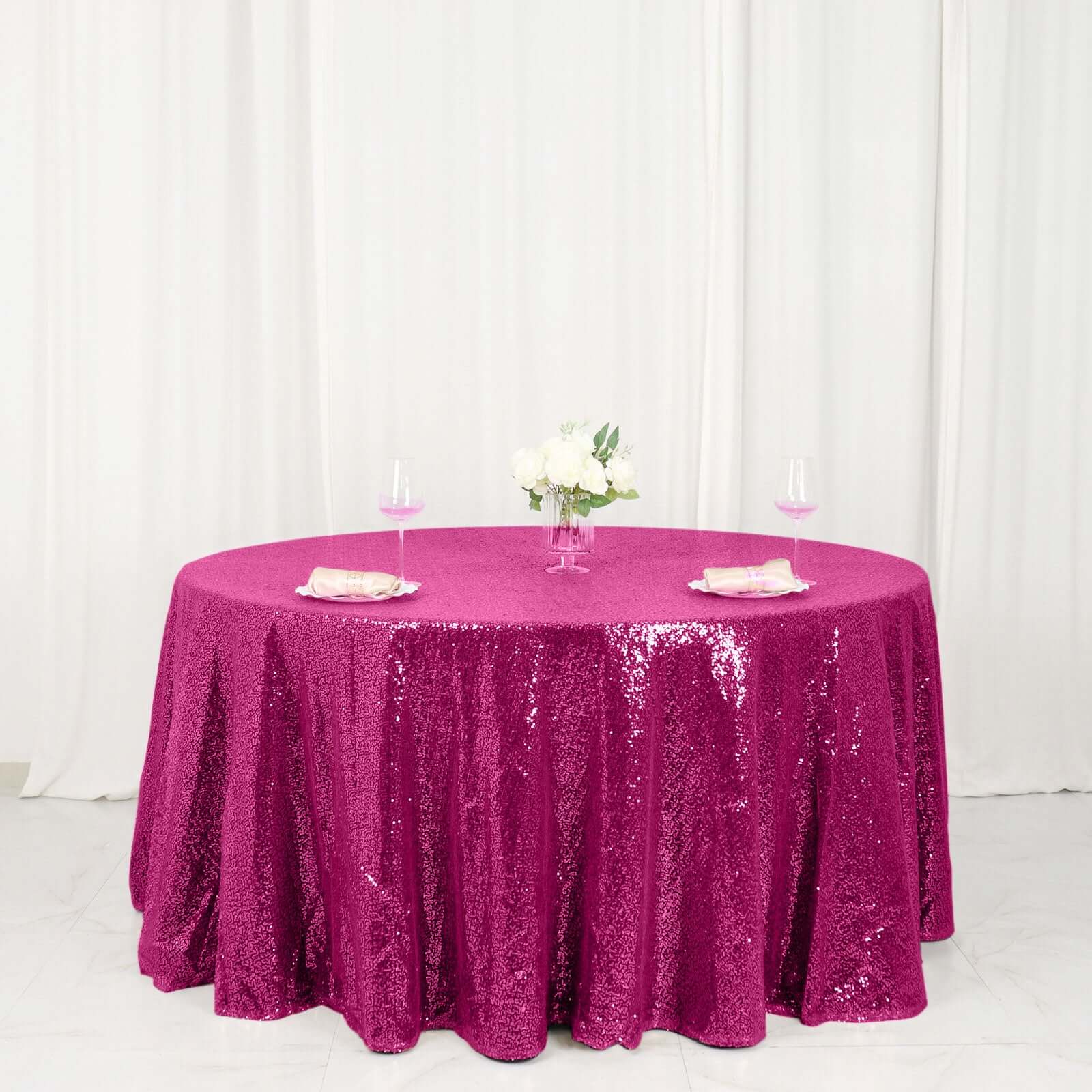 Hot Deal! Fuchsia Seamless Glittering 120' Round Sequin Tablecloth