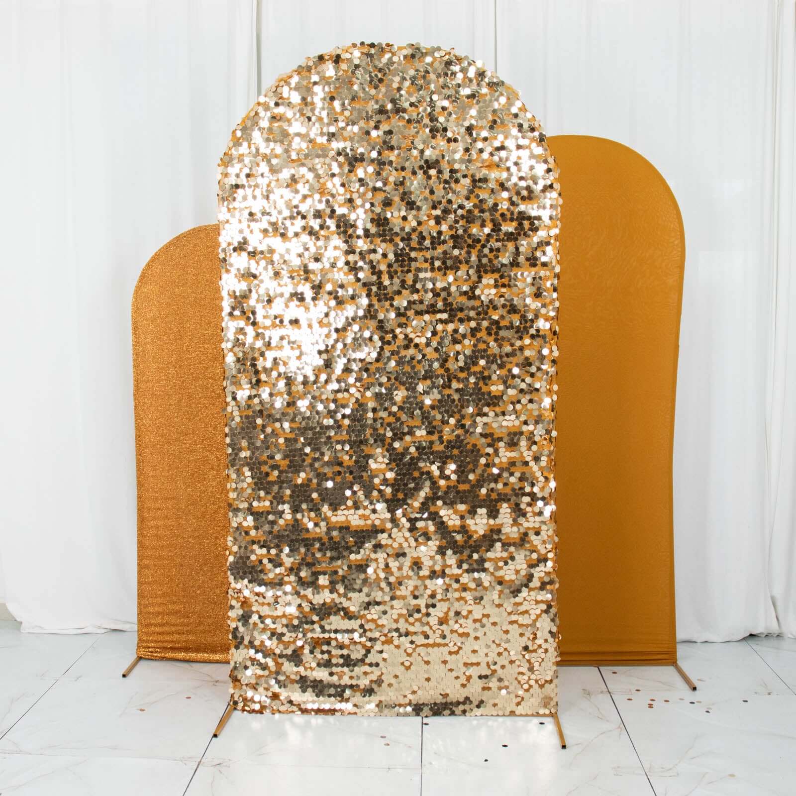 3-Piece Gold Round Top Wedding Arch Frame Covers in Sequin, Tinsel & Spandex