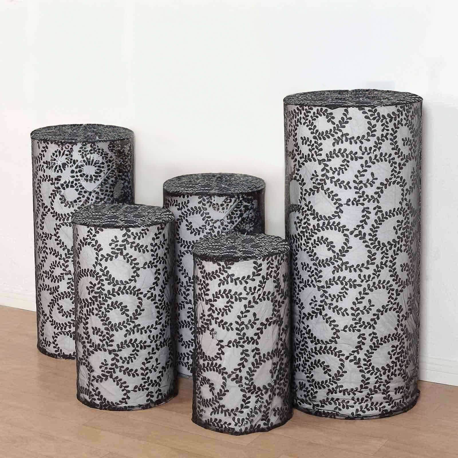 Set of 5 Sparkling Black Sequin Mesh Cylinder Pedestal Covers with Leaf Vine Design