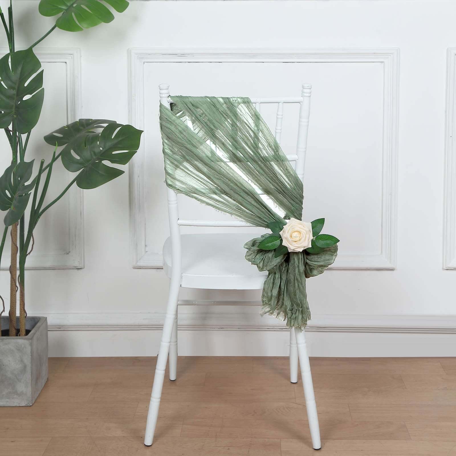 Set of 5 Dusty Sage Green Cheesecloth Chair Sashes, 16x88 Boho Decor