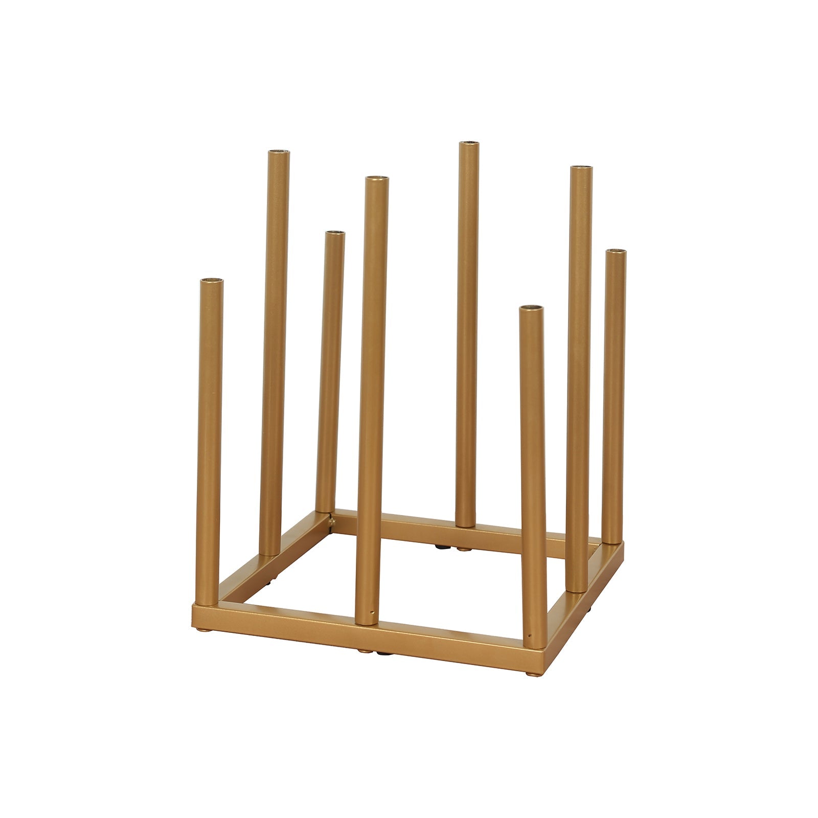 Single Stem Gold Metal Minimalist 8-Tube Flower Vase with Square Base, 10-Inch Tall