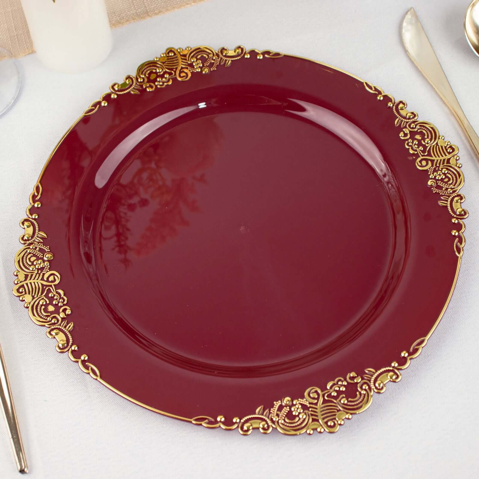 Hot Deal! 10-Pack Disposable Burgundy Plastic Round Dinner Plates with Gold Leaf Embossed Rim, Vintage Baroque Style