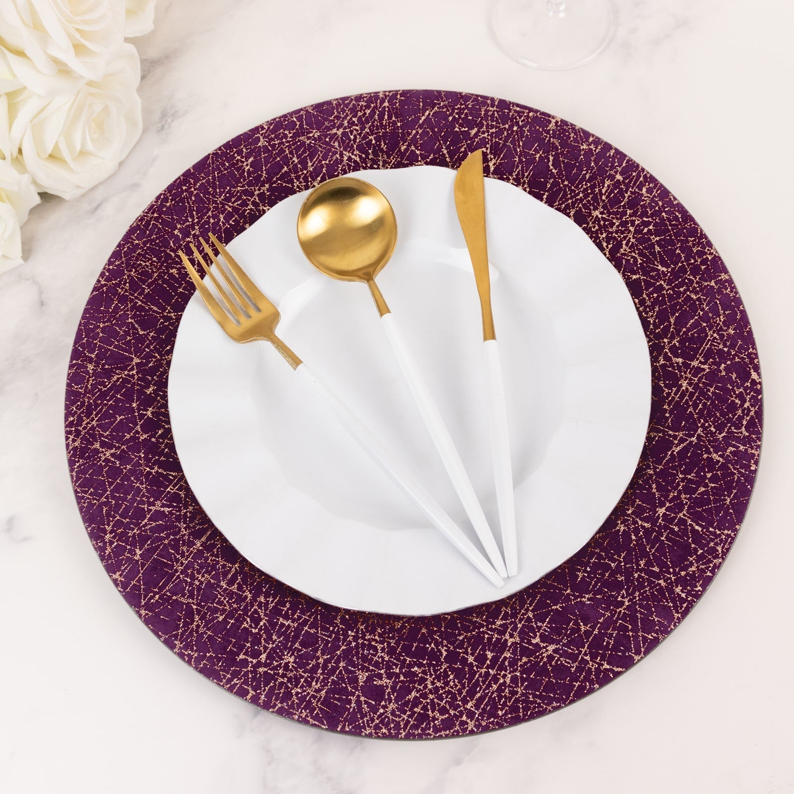 6-Piece Set of 13-Inch Purple Acrylic Round Charger Plates with Gold Glitter Abstract Design - Ideal for Parties