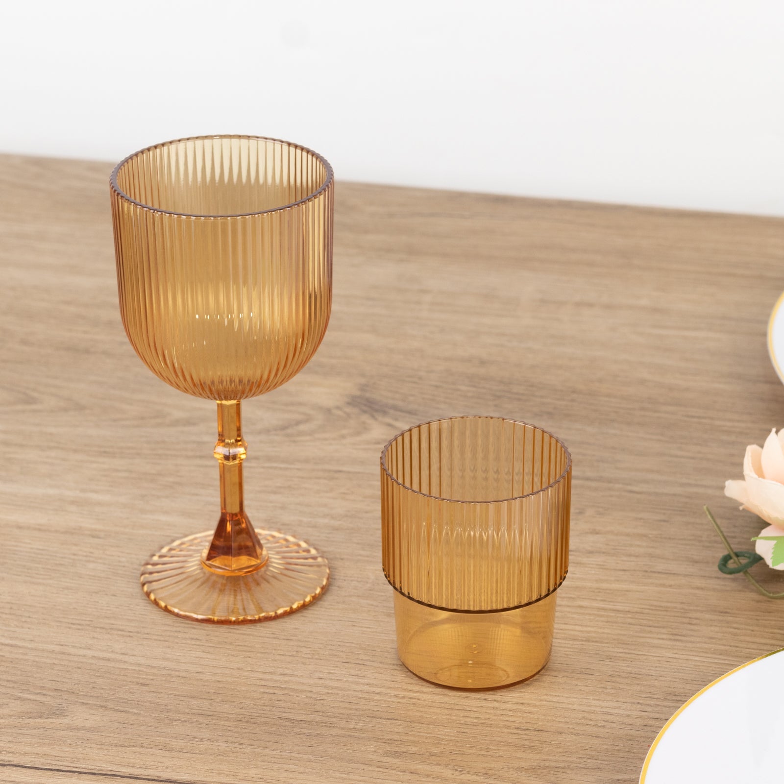 12-Pack Reusable 9oz Amber Gold Vintage Ribbed Plastic Wine Goblets - Shatterproof Glassware
