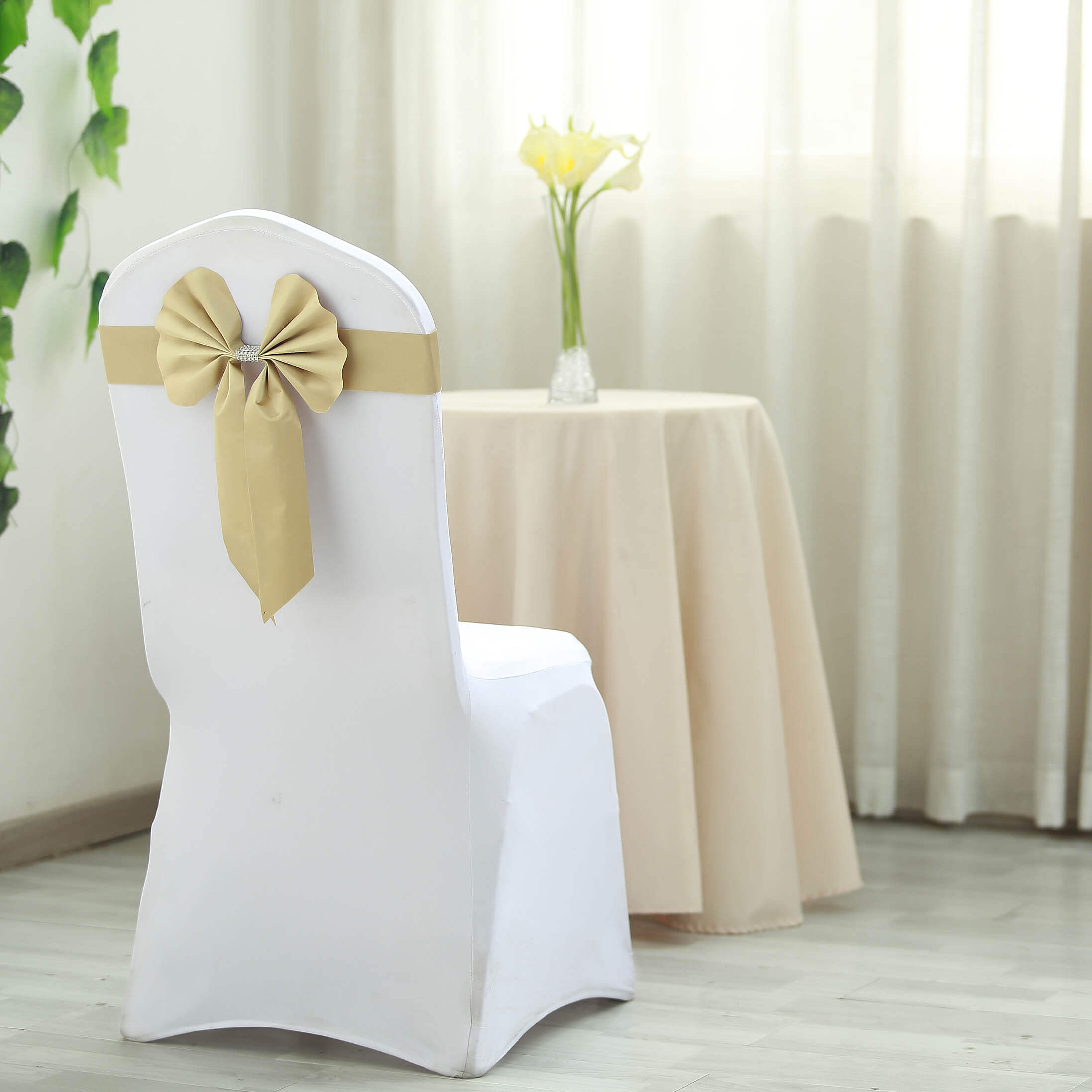 Set of 5 Durable Double-Sided Champagne Satin Faux Leather Chair Sashes with Diamond Rhinestone Buckles