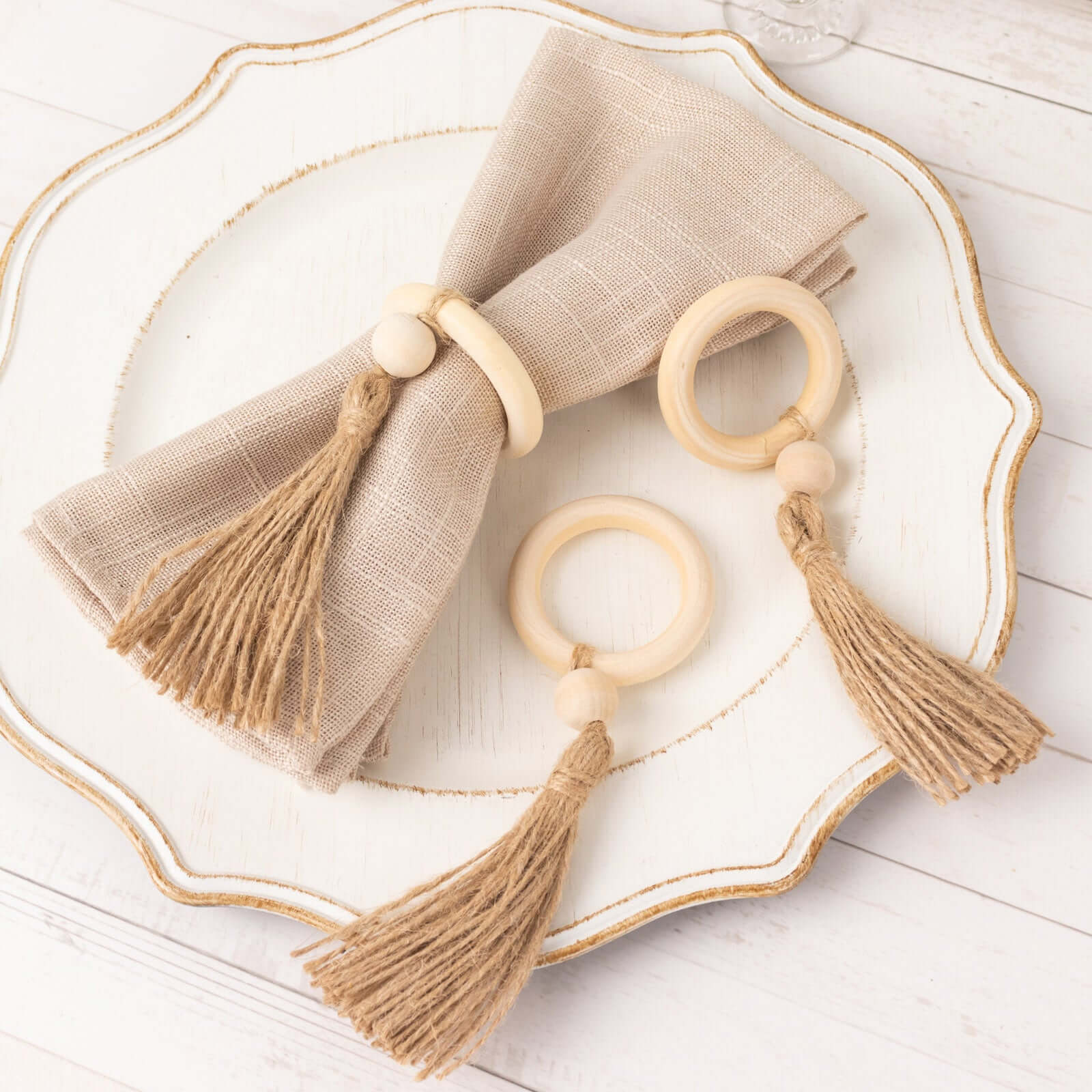 4-Pack Cream Wooden Napkin Rings with Jute Tassels - Rustic Boho Style