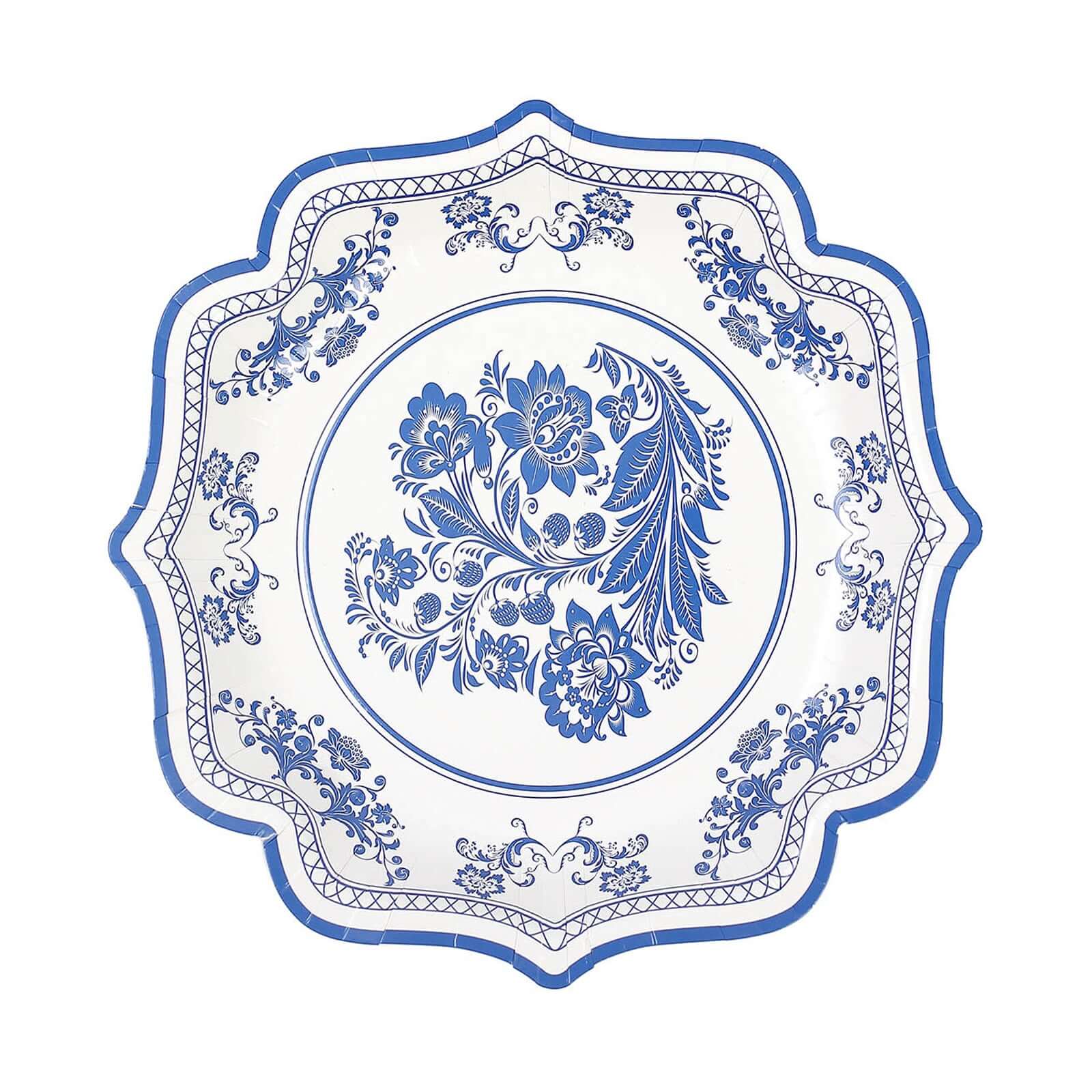 25-Pack Disposable White Paper Salad Plates with Light Blue Damask Floral Print and Scallop Rim