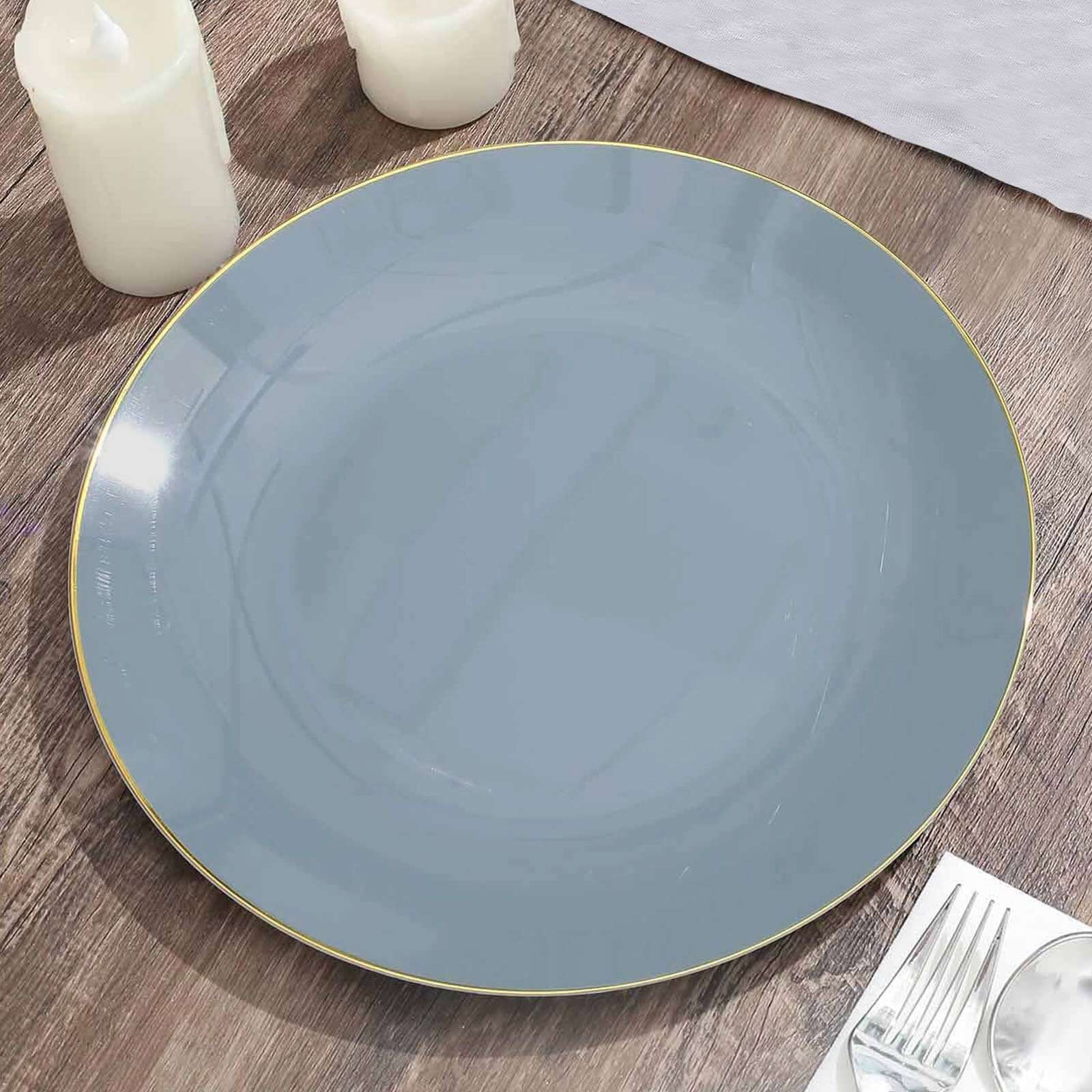 10-Piece Set of Disposable Round Dinner Plates in Dusty Blue with Gold Rim