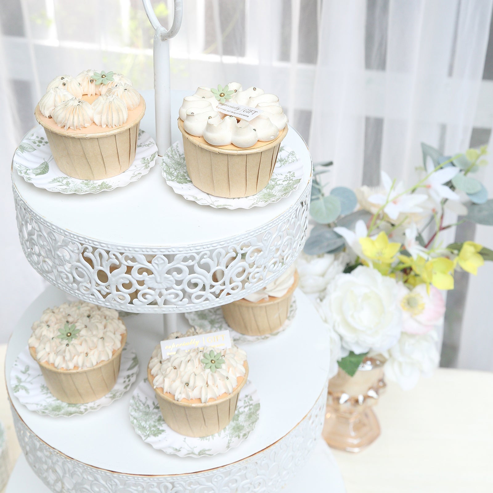 100-Pack Disposable White & Sage Green French Toile Mini Round Dessert Plates for Party