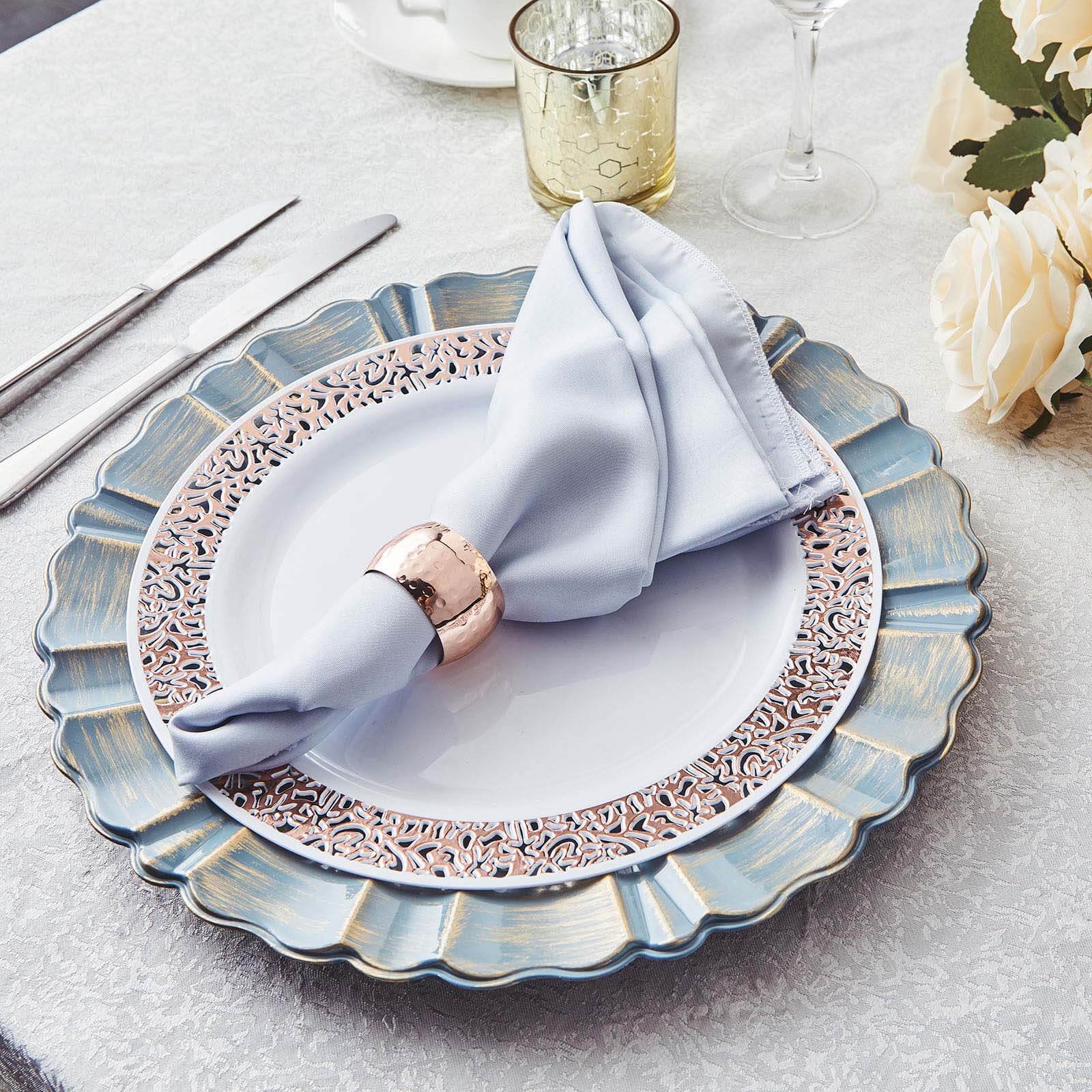 6-Piece Set of 13-Inch Dusty Blue Acrylic Plastic Round Charger Plates with Gold-Brushed Scalloped Rim for Dinner Parties