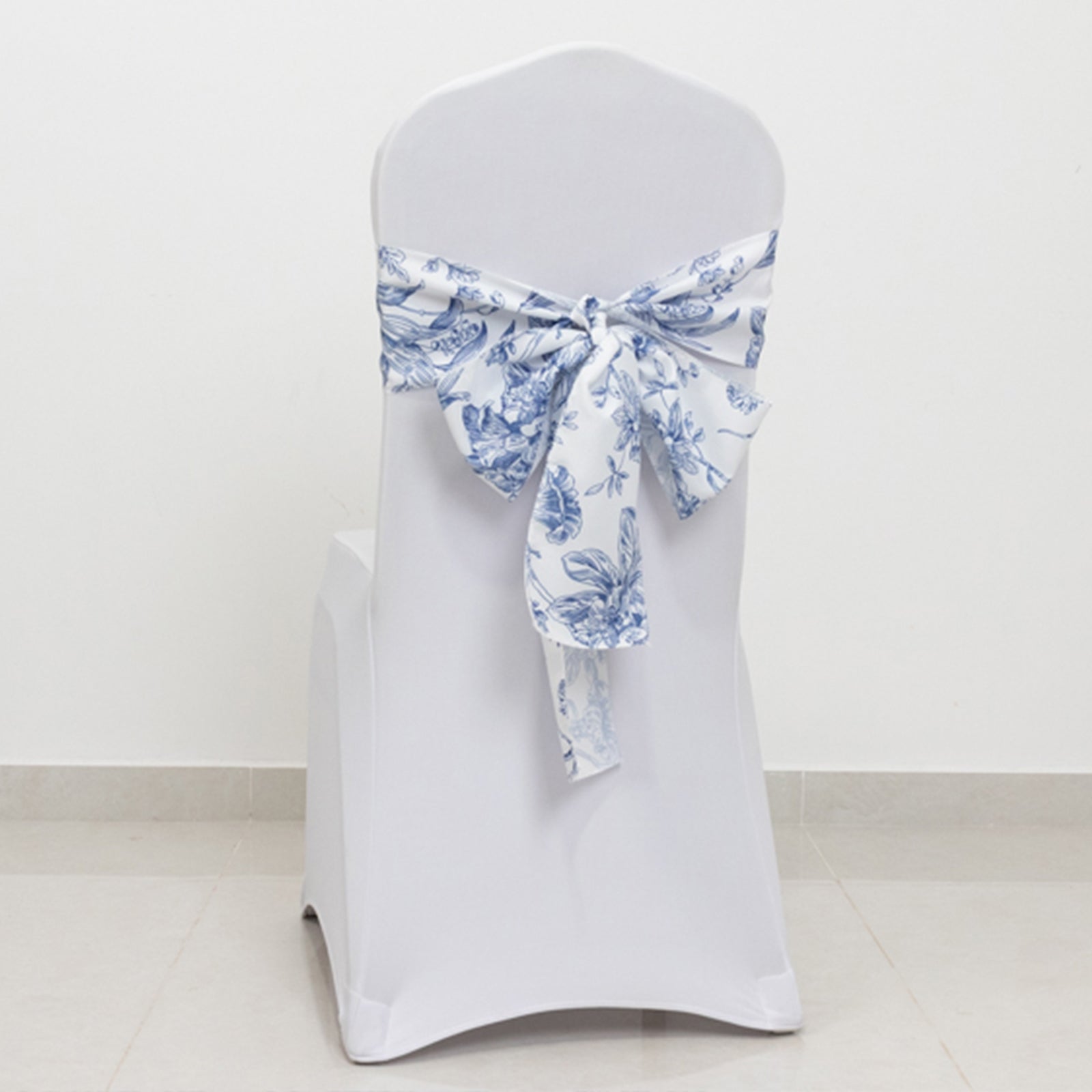 Wrinkle-Resistant Polyester Chair Sashes in White/Blue French Toile Floral Design for Weddings & Banquets