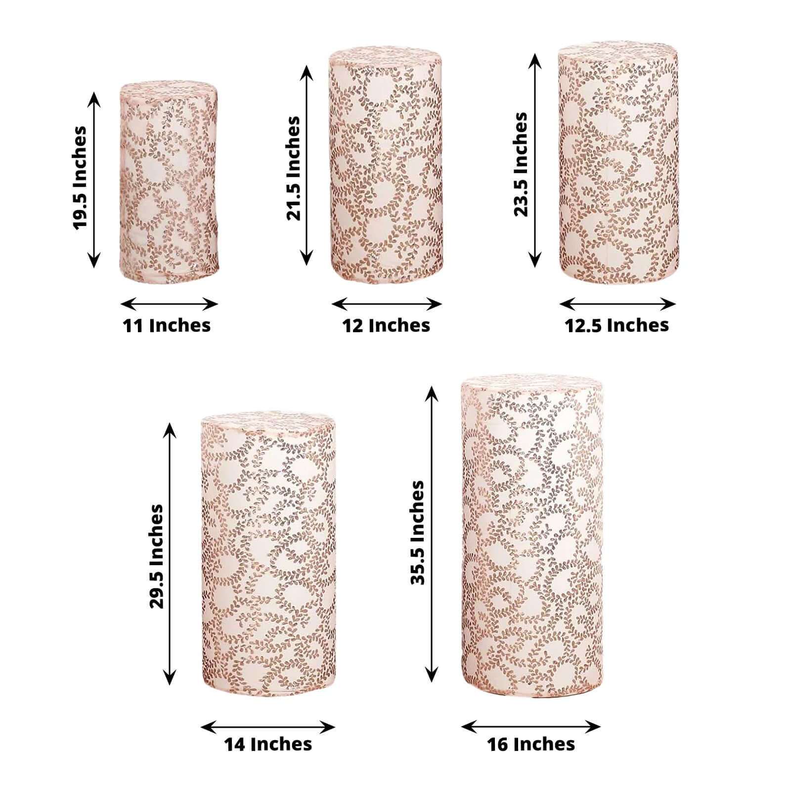 Set of 5 Sparkly Rose Gold Sequin Mesh Cylinder Pedestal Covers with Leaf Vine Design