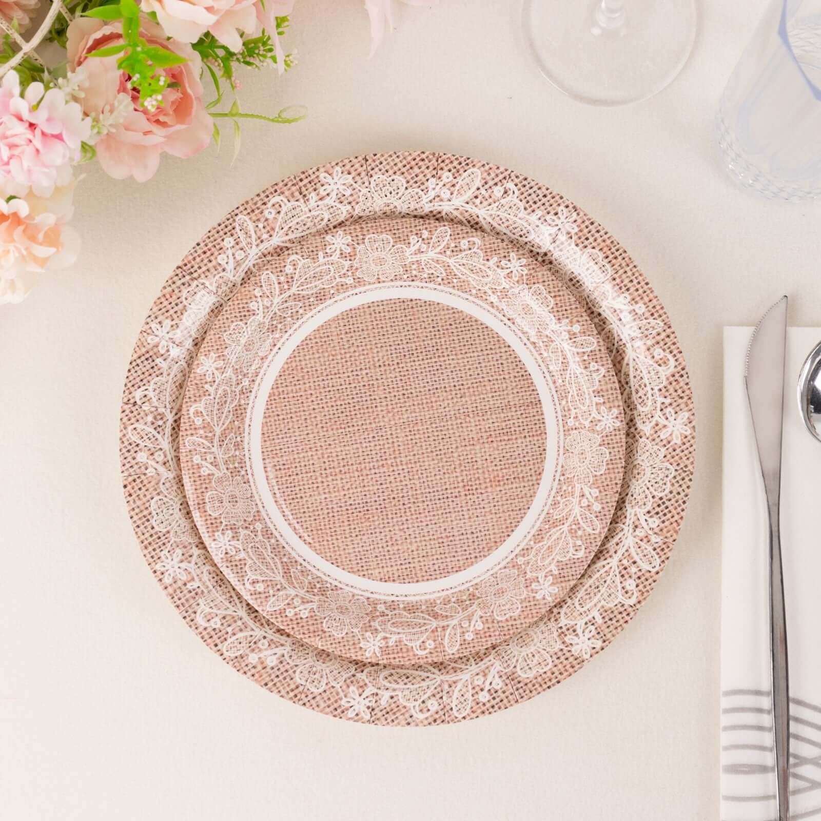Get 25-Pack Disposable 7-Inch Round Paper Dessert Plates with Burlap Print & Floral Lace for Farmhouse Events