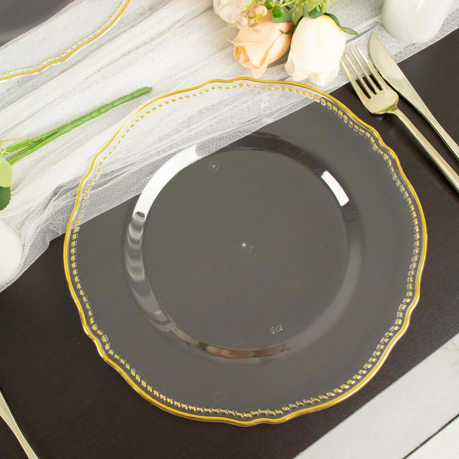 10-Pack Disposable Clear Plastic Dinner Plates with Gold Scalloped Rim - Ideal for Parties