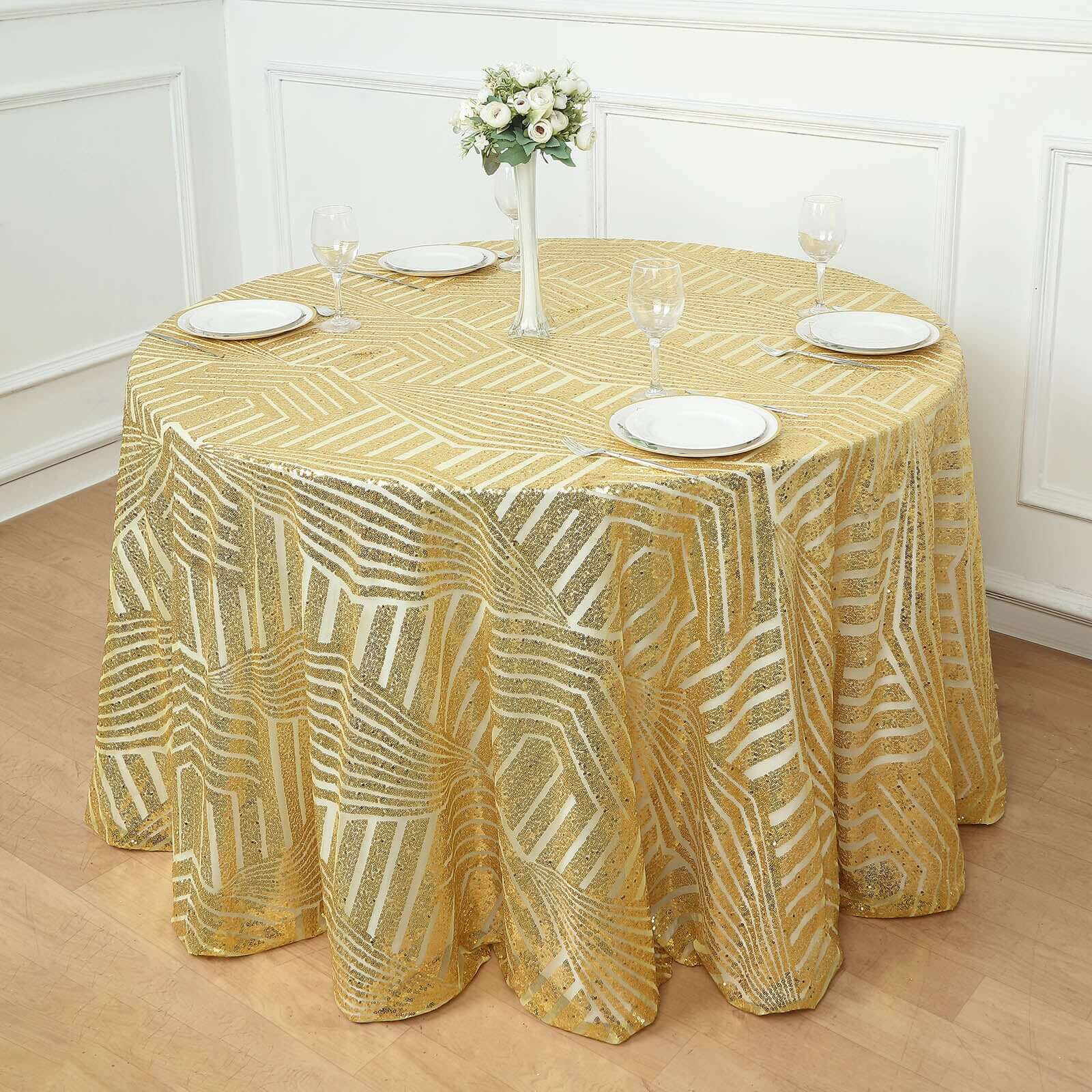 Gold Sequin 120 Round Tablecloth - Glam Seamless Diamond Design for Special Events