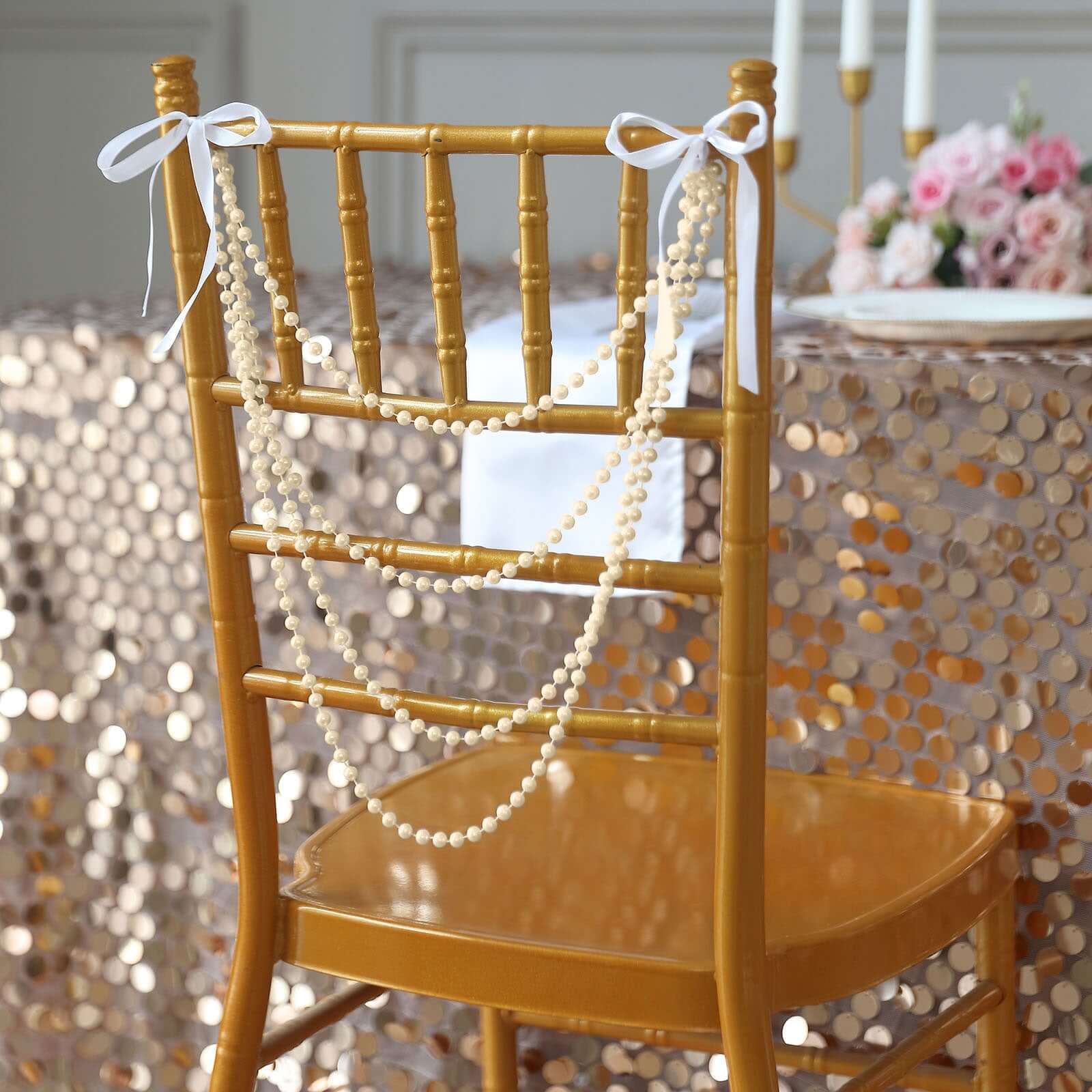 Ivory Faux Pearl Beaded 16-Foot Chair Back Garland Sash - Pre-Tied Gatsby Style for Chiavari Chairs