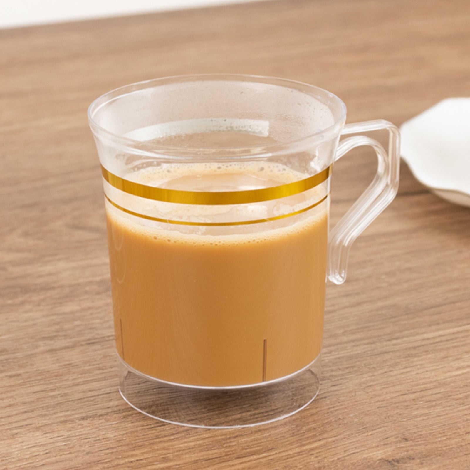 8-Pack Disposable 8oz Clear Plastic Coffee Mugs with Gold Stripes - Ideal for Events