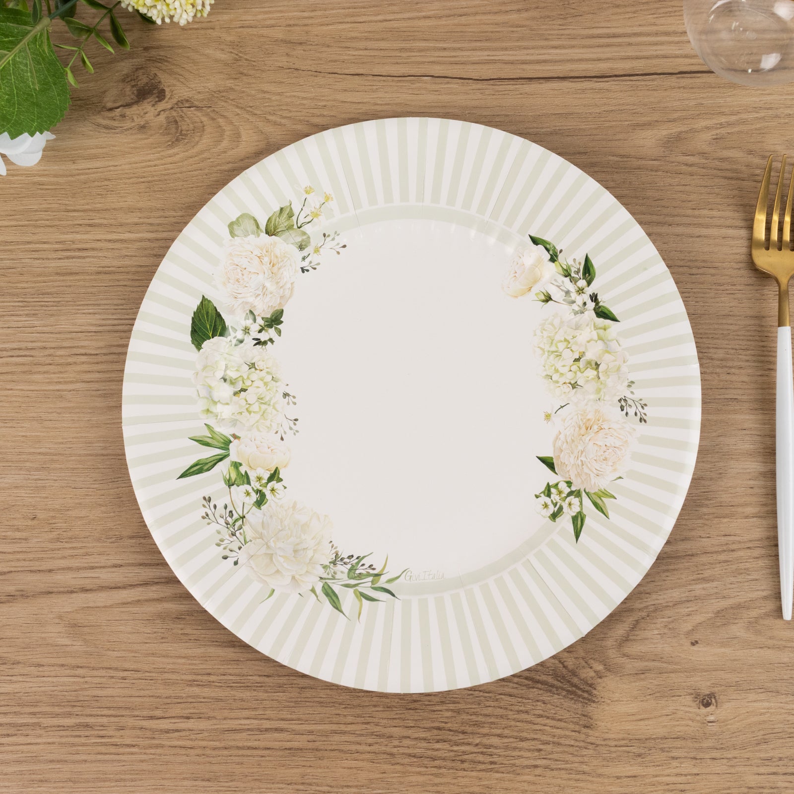 25-Piece Set of 10.5-Inch White Paper Dinner Plates with Sage Green Floral Design & Lined Edge - Ideal for Party Events