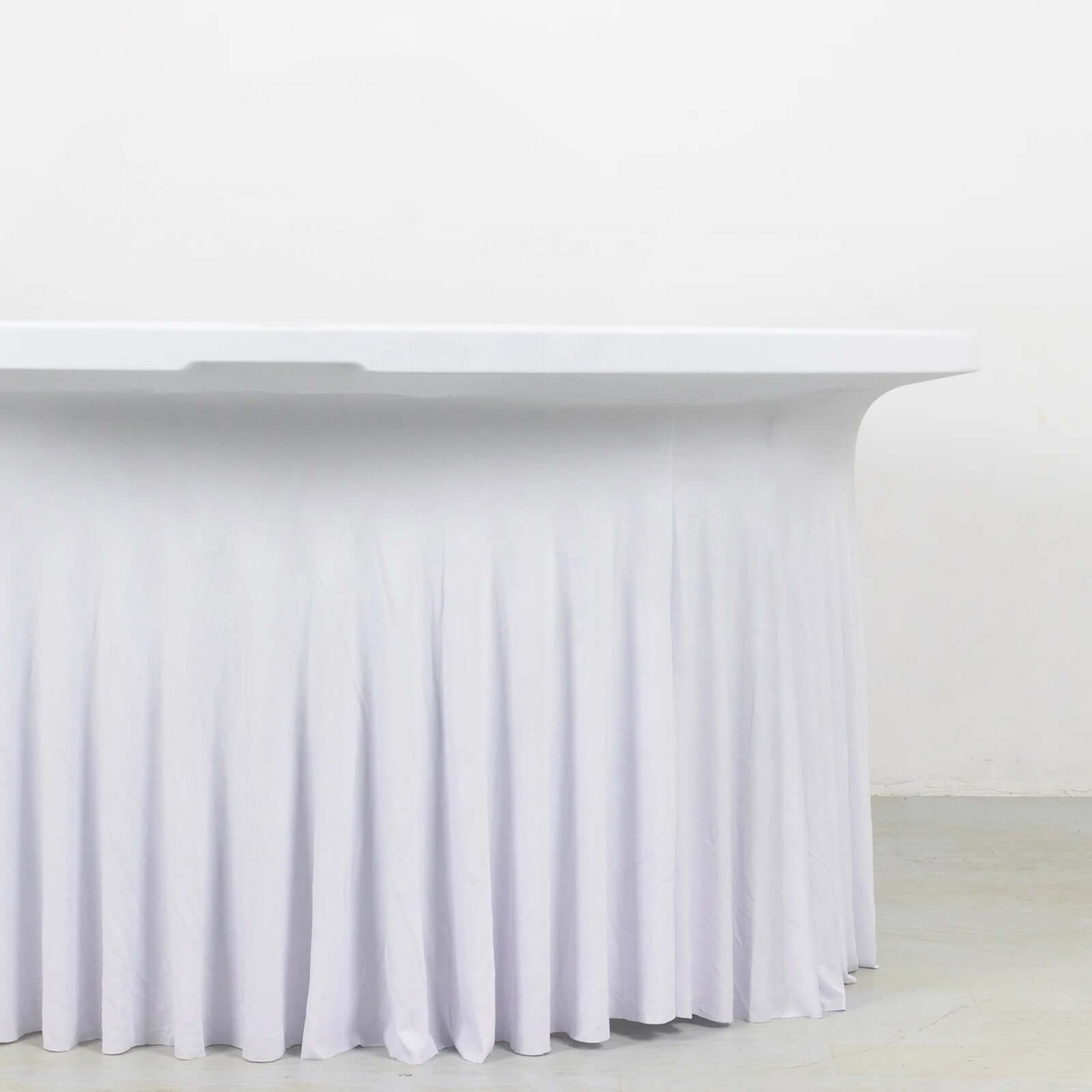 Hot! 6ft White Spandex Round Table Skirt with Wavy Effect for Weddings & Events