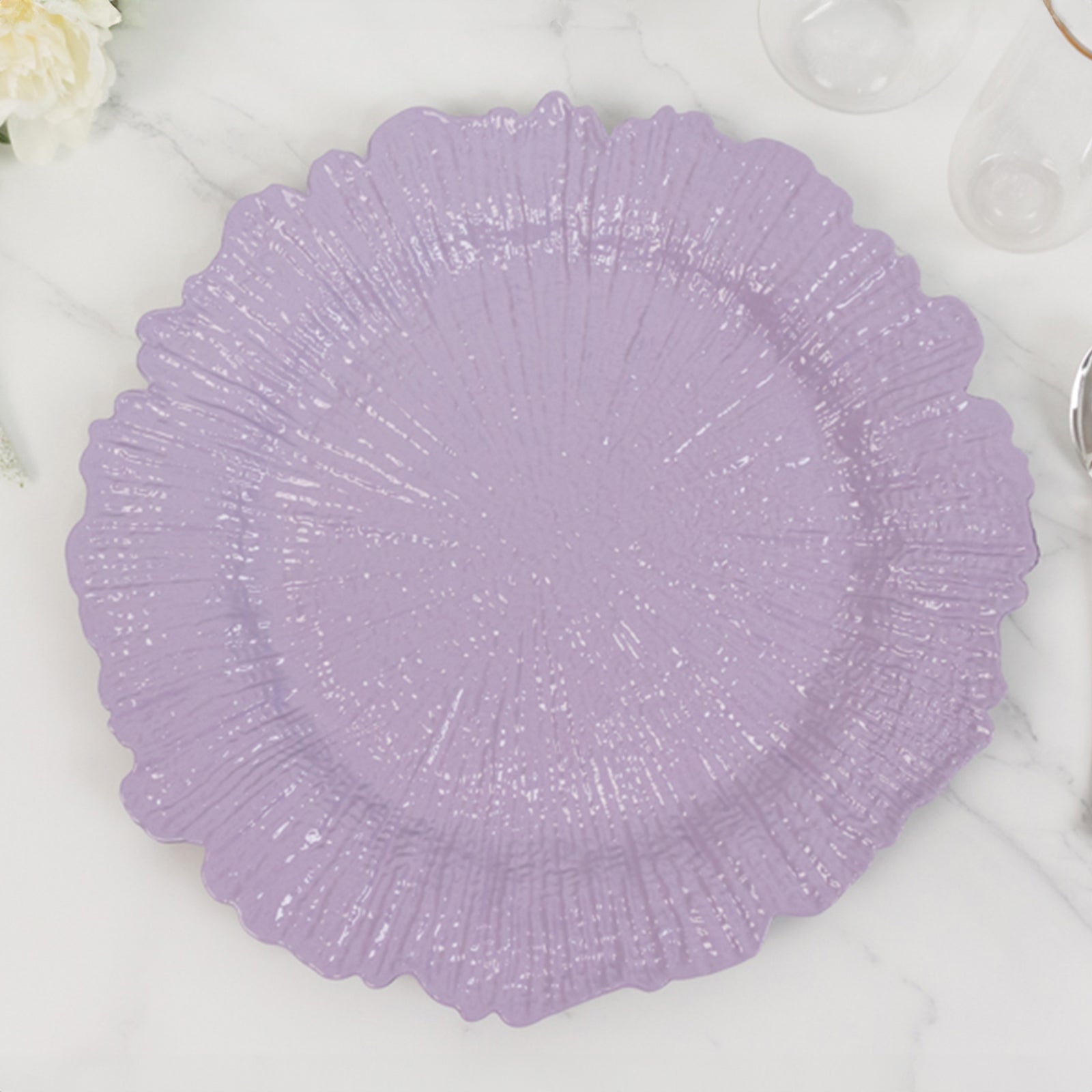 Hot Sale! 6-Piece Set of 13-Inch Lavender Lilac Round Acrylic Plastic Dinner Charger Plates with Reef Design