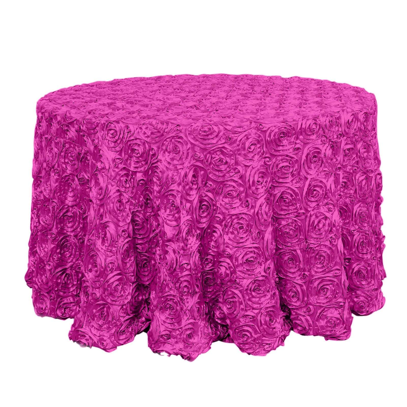 Fuchsia Satin 120 - Inch Round Tablecloth with Stunning 3D Rosette and Seamless Finish