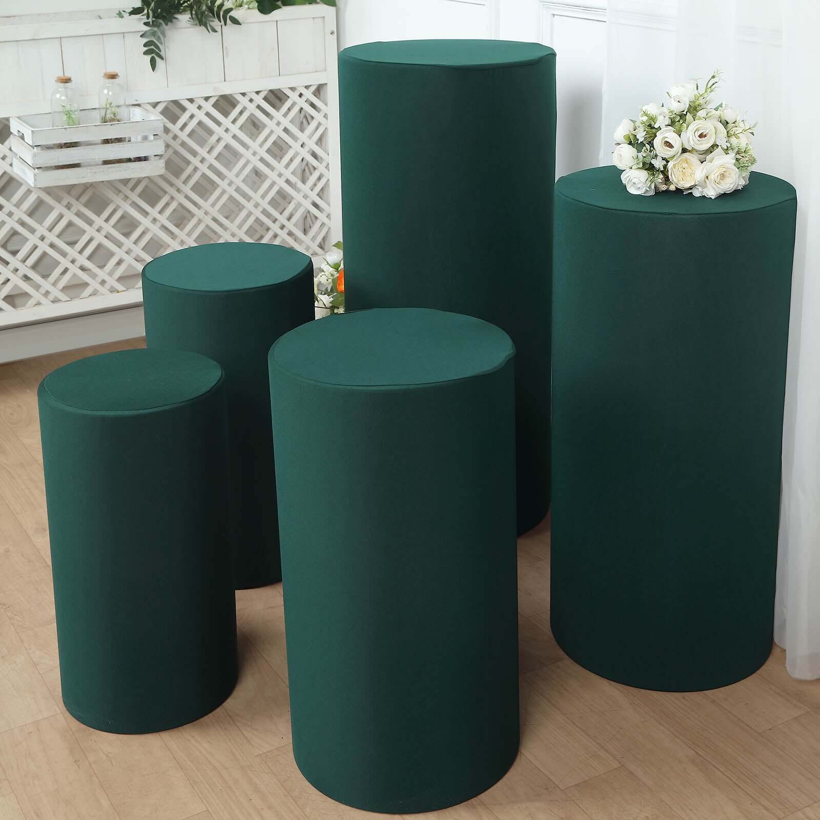 Hot Deal! Set of 5 Stretchable Hunter Emerald Green Spandex Cylinder Pedestal Stand Covers, 160 GSM