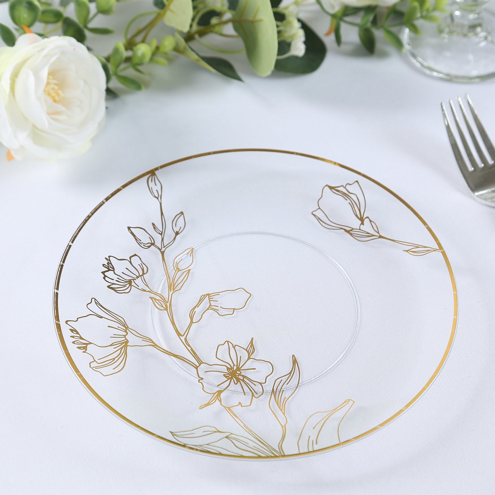 Set of 20 Disposable Clear Plastic Dinner and Dessert Plates with Metallic Gold Floral Design
