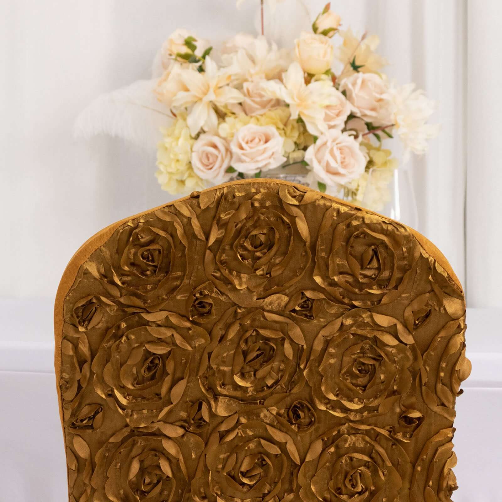 Gold Satin Rosette Stretch Chair Cover - Ideal for Sophisticated Gatherings