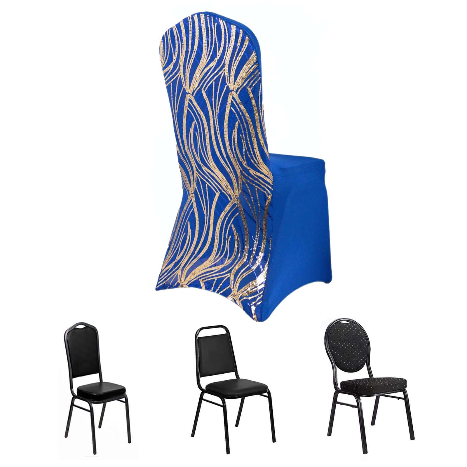 Royal Blue and Gold Spandex Banquet Chair Cover with Wave - Embroidered Glittering Sequins