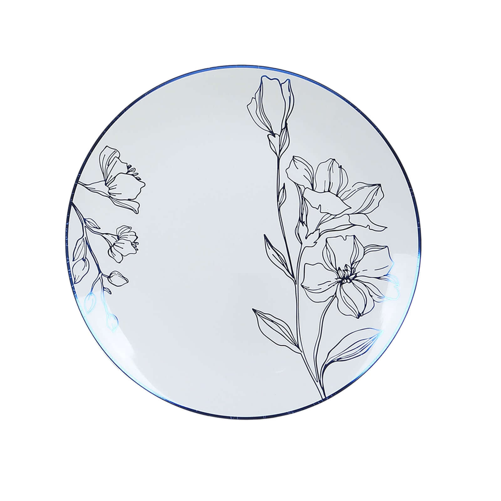 Stylish Disposable Set of 20 White Plastic Plates with Metallic Blue Floral Design - 8, 10 Inches