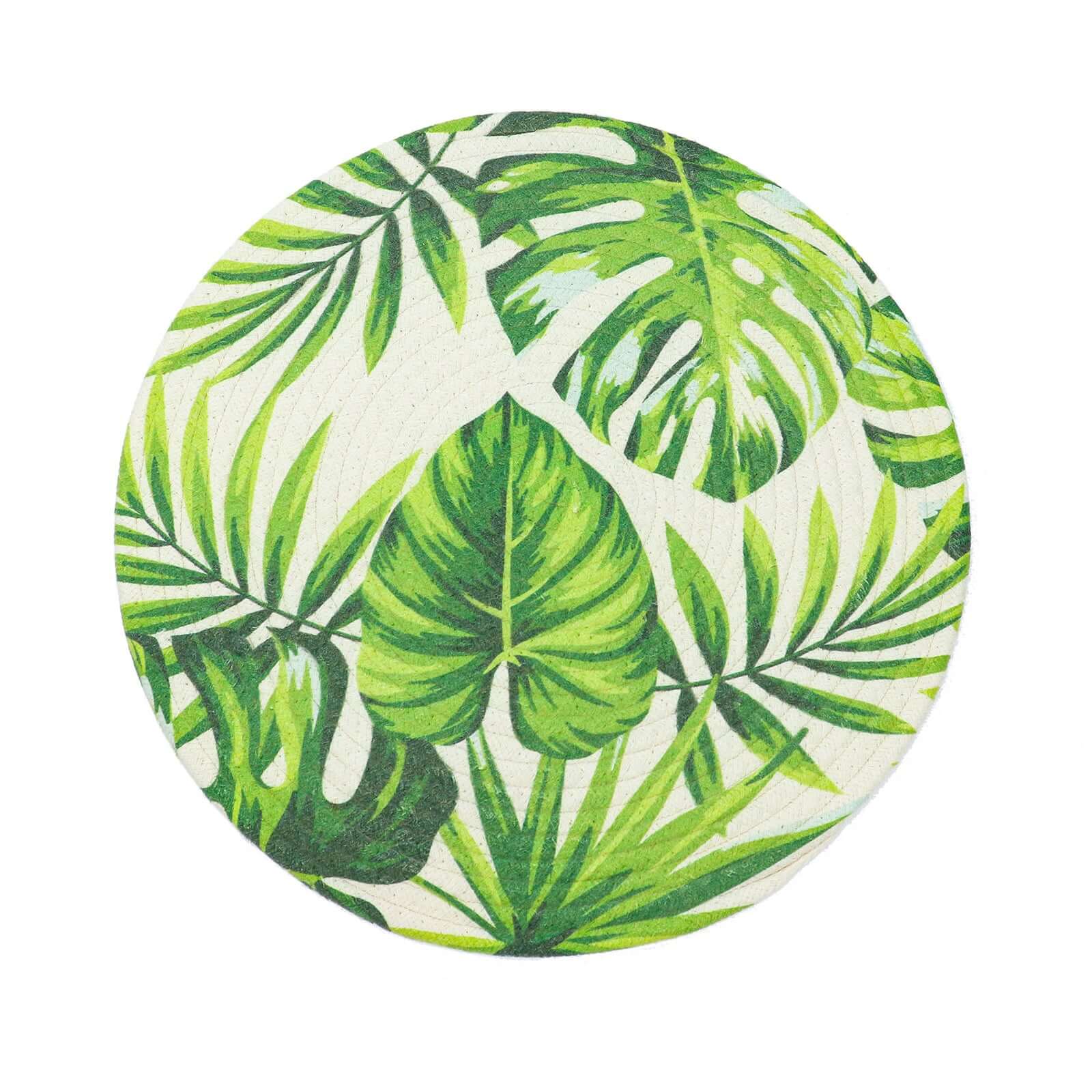 4-Pack Round Woven Cotton Table Placemats in Tropical Leaf Design, 15 Inches Green