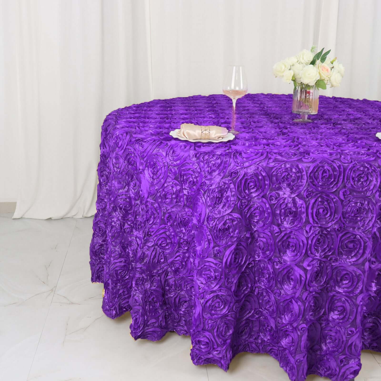 Hot Sale! Purple Satin 120-Inch Round Tablecloth with 3D Rosette and Seamless Finish