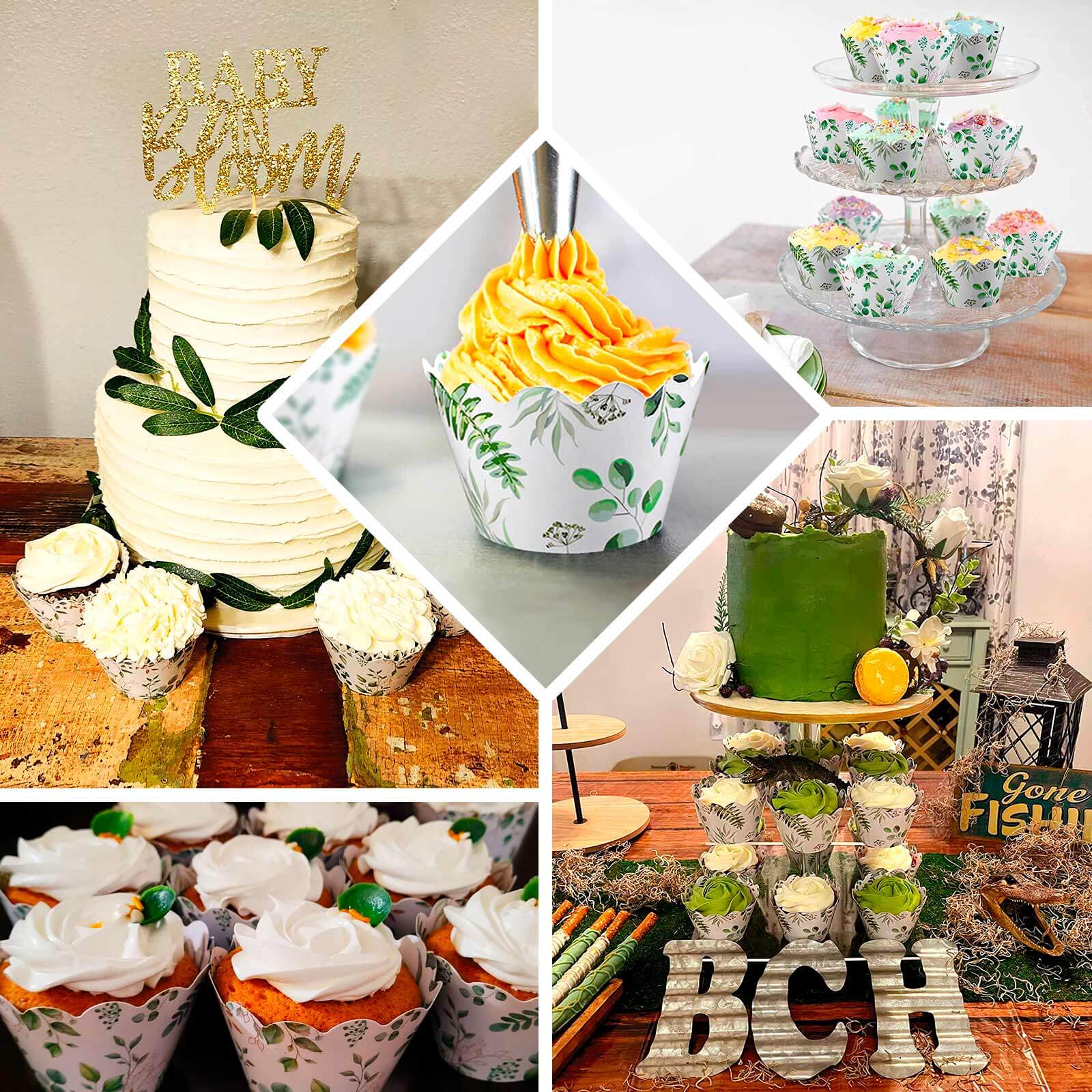 25-Piece Premium Paper Cupcake Wrappers with Eucalyptus Leaves Print in White and Green