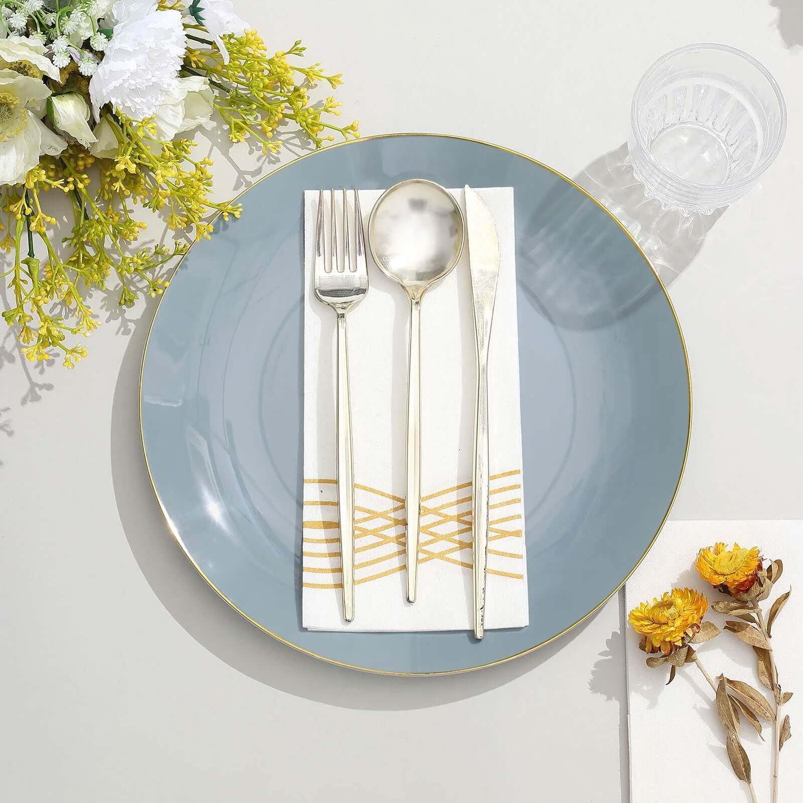 10-Piece Set of Disposable Round Dinner Plates in Dusty Blue with Gold Rim